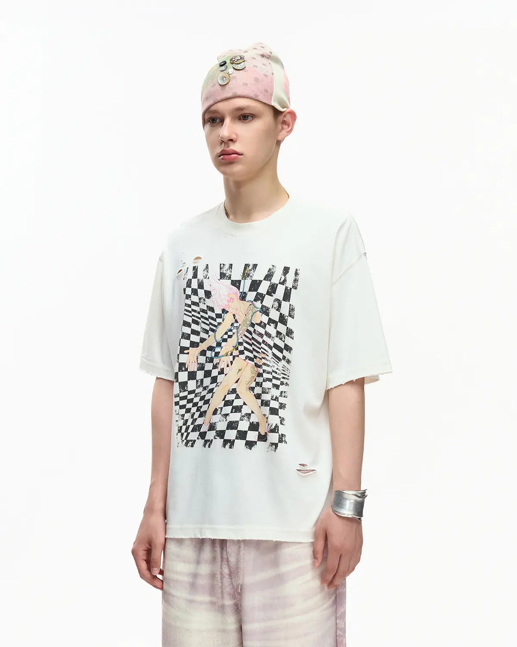 EMO Distressed Camo Washed Cropped Tee White
