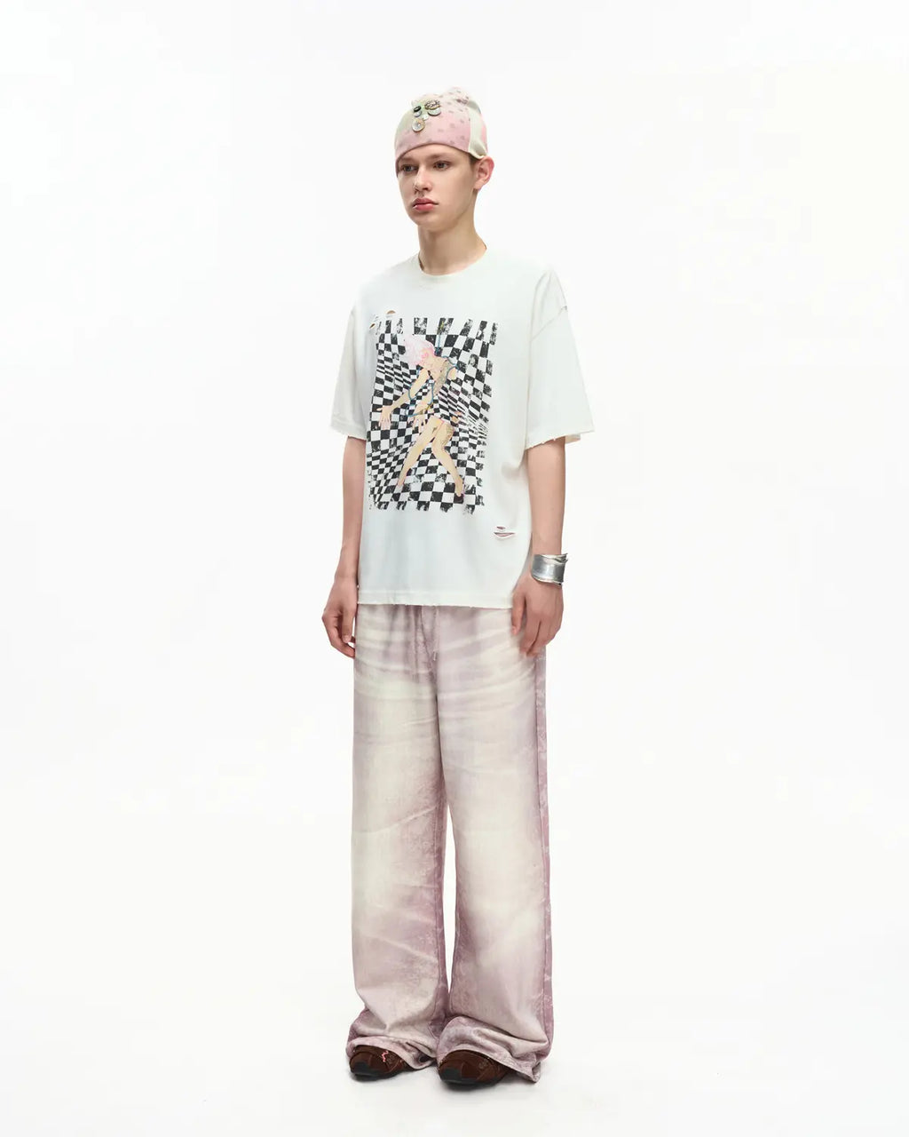 EMO Distressed Camo Washed Cropped Tee White