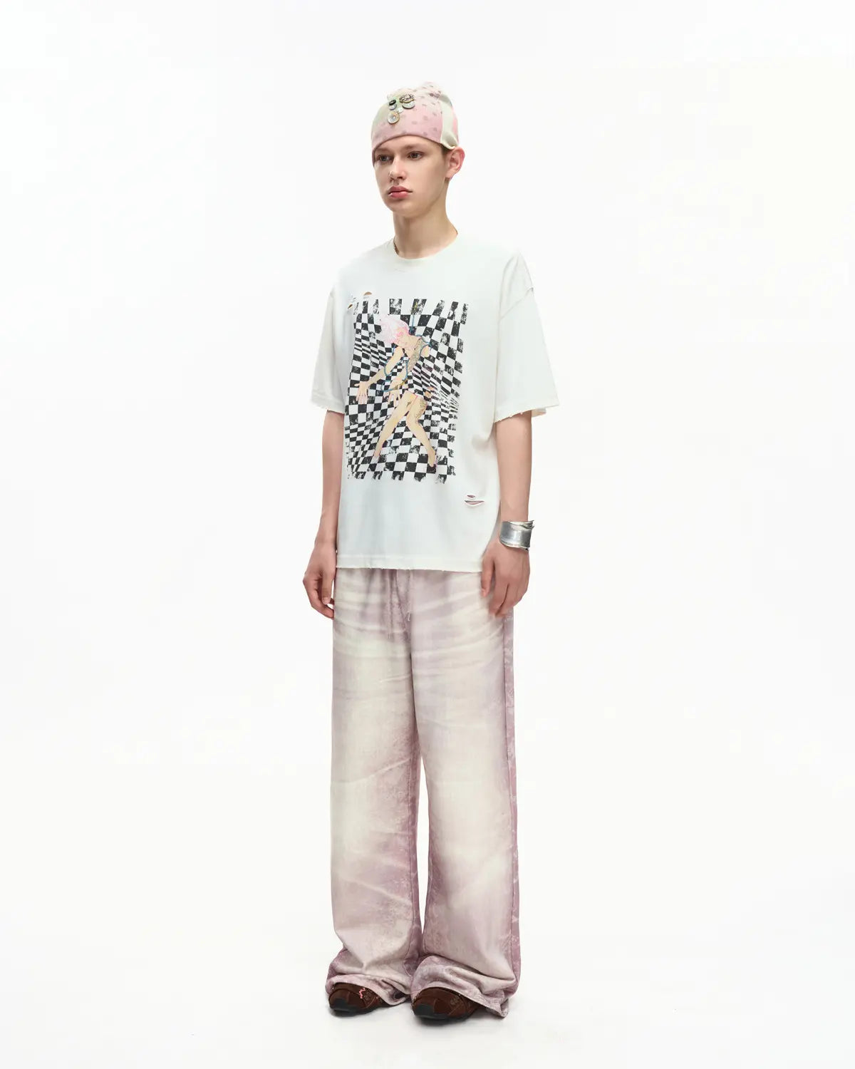 EMO Distressed Camo Washed Cropped Tee White
