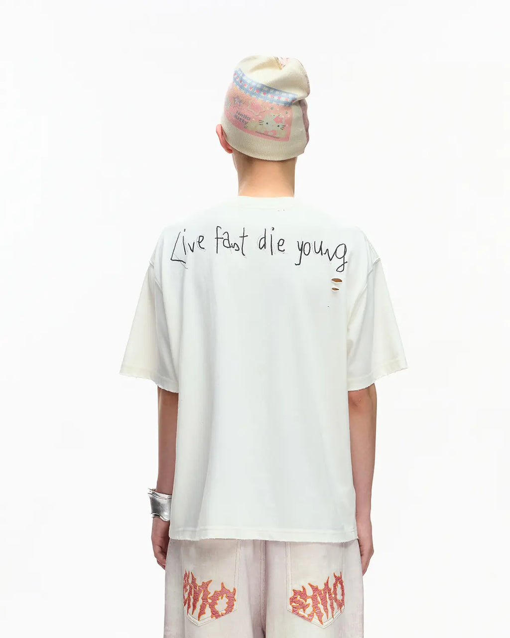 EMO Distressed Camo Washed Cropped Tee White
