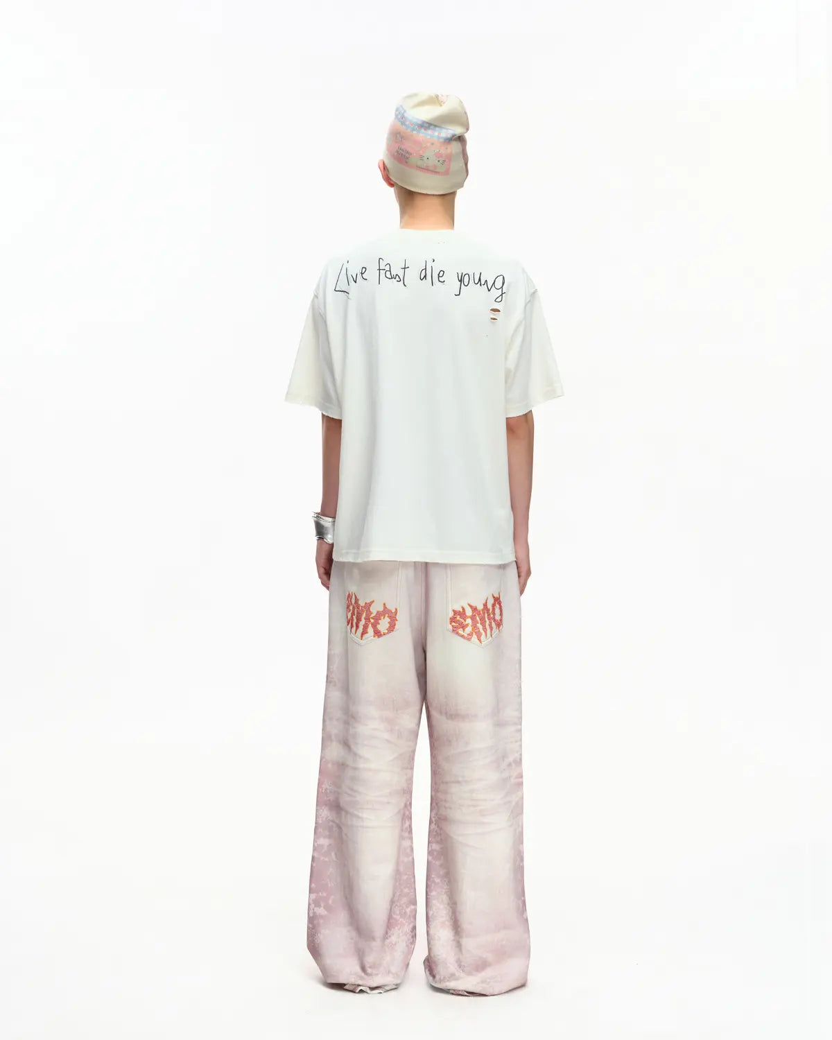 EMO Distressed Camo Washed Cropped Tee White