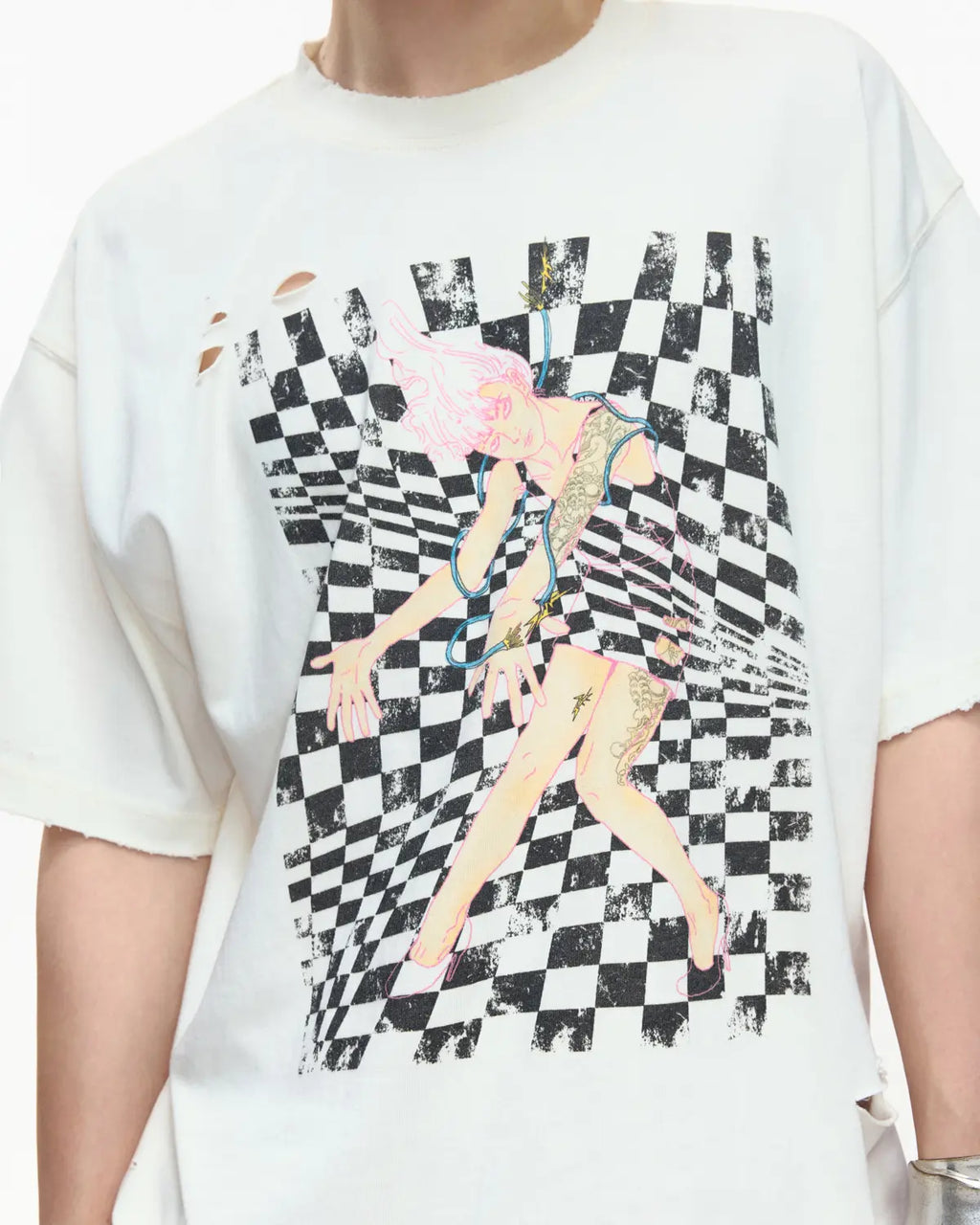 EMO Distressed Camo Washed Cropped Tee White
