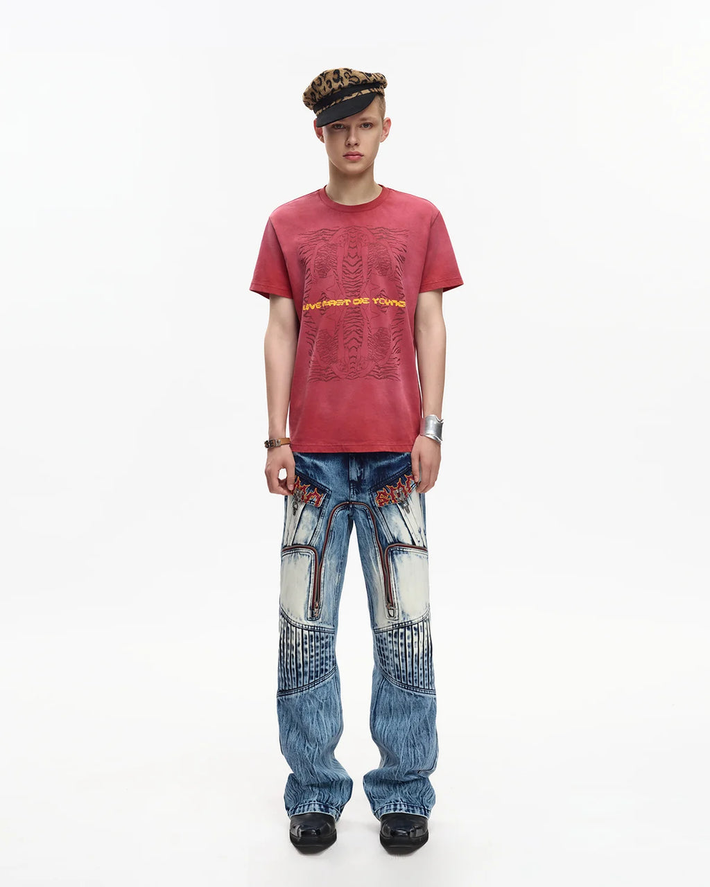 EMO Contrast Zip Distressed Wash Jeans
