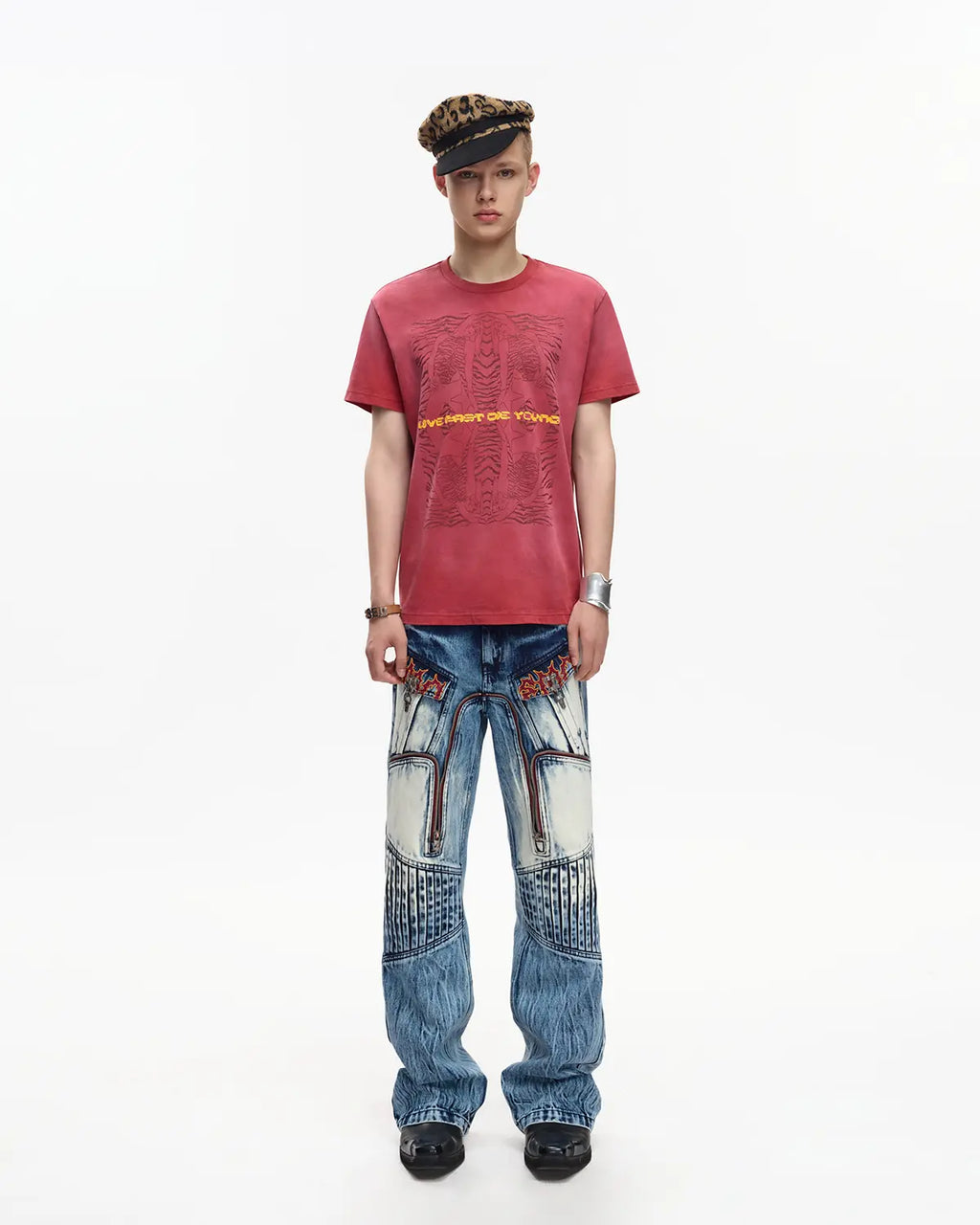 EMO 265g Faded Tiger Mirror Slim Tee（Red）