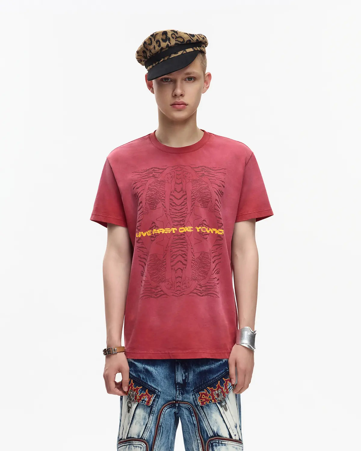 EMO 265g Faded Tiger Mirror Slim Tee（Red）