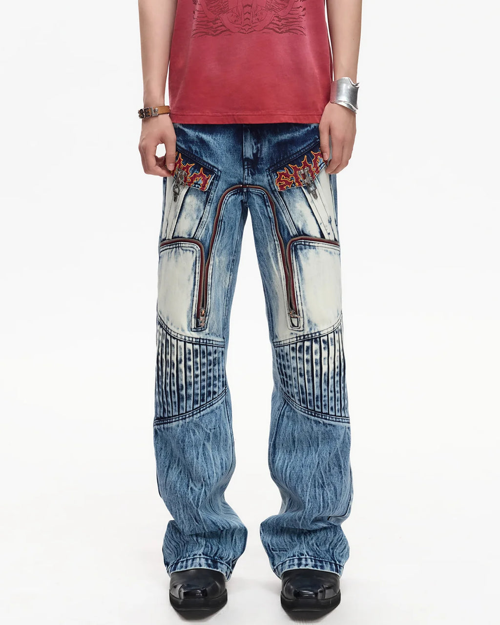 EMO Contrast Zip Distressed Wash Jeans