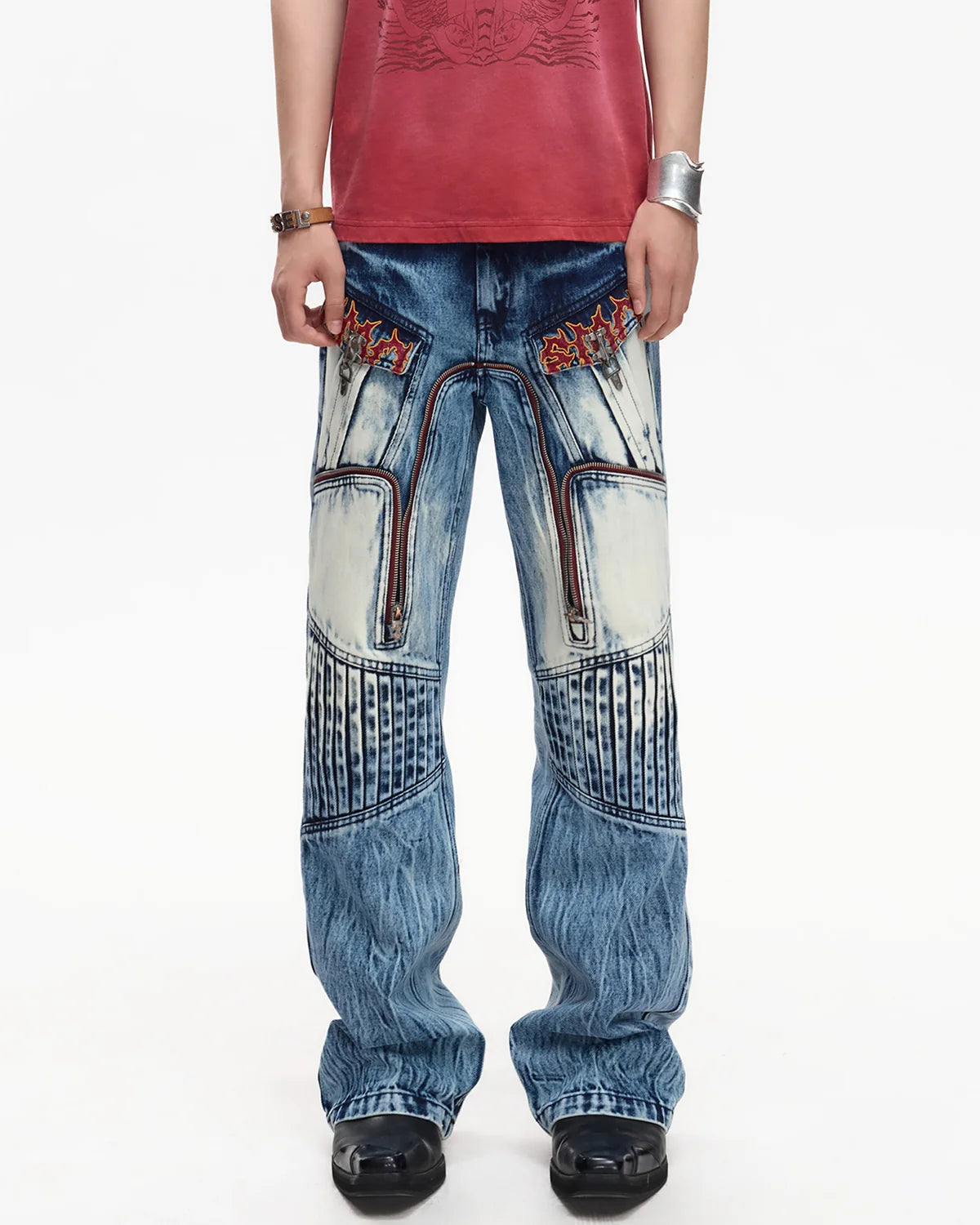 EMO Contrast Zip Distressed Wash Jeans