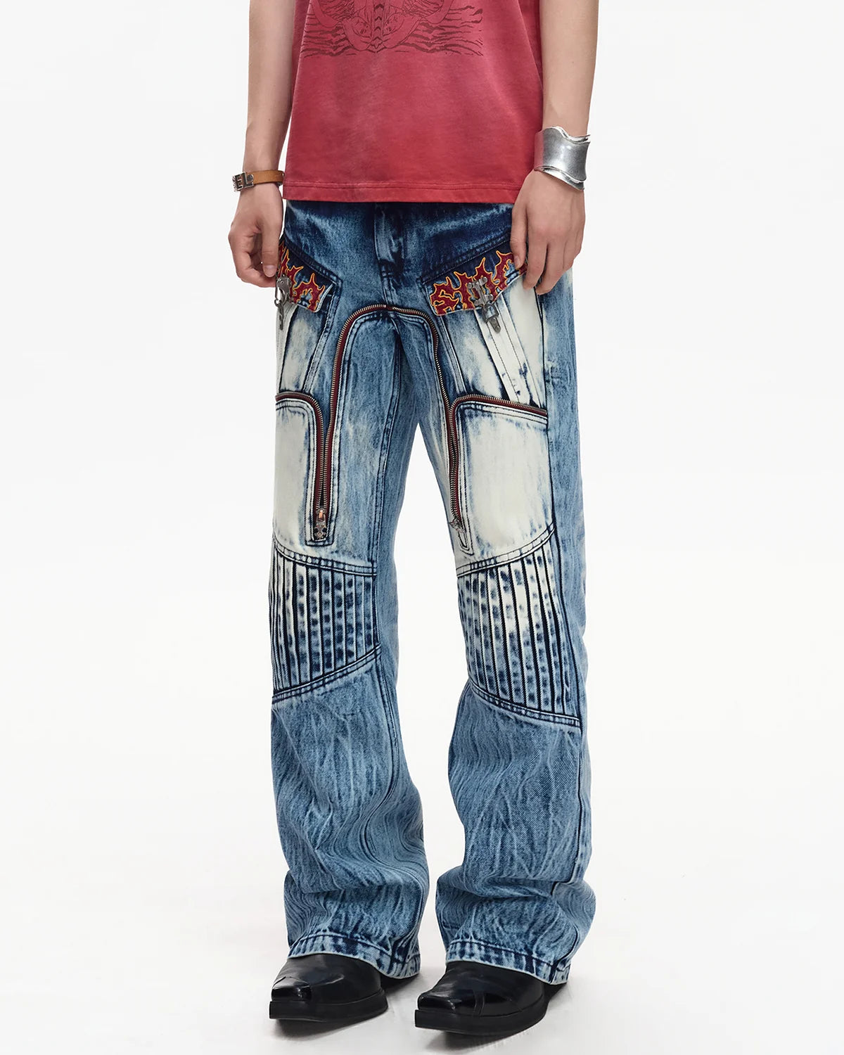 EMO Contrast Zip Distressed Wash Jeans