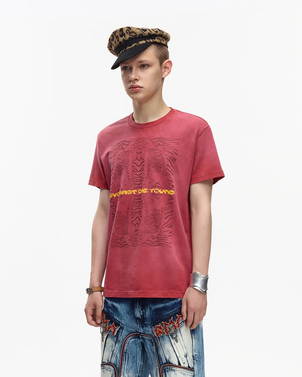 EMO 265g Faded Tiger Mirror Slim Tee（Red）