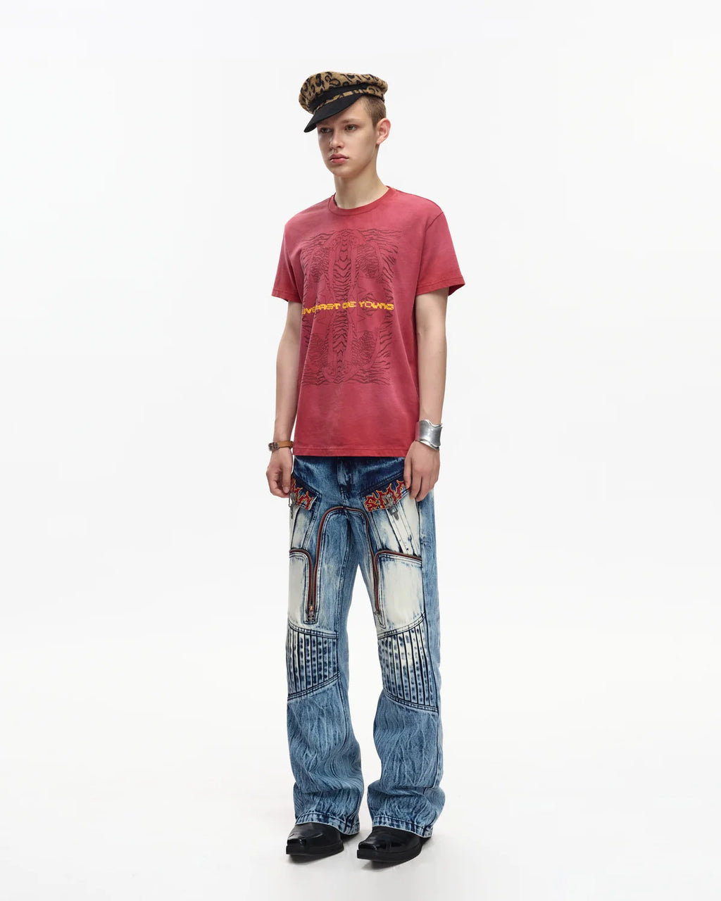 EMO Contrast Zip Distressed Wash Jeans