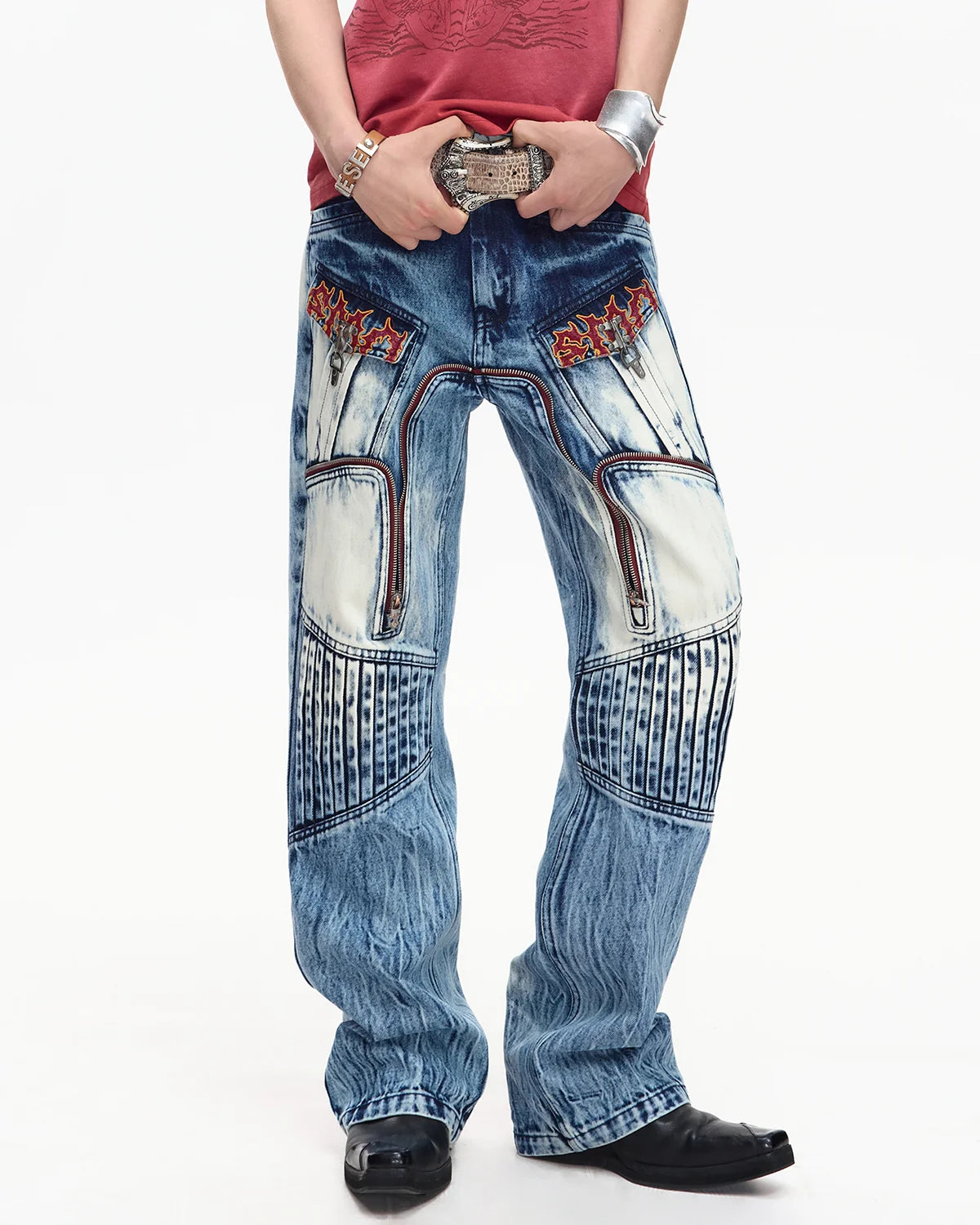 EMO Contrast Zip Distressed Wash Jeans