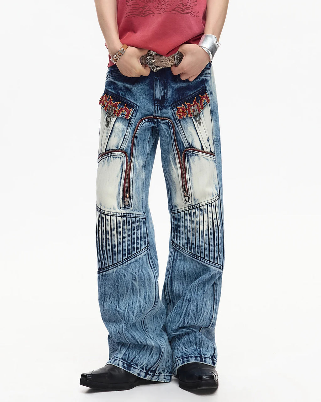 EMO Contrast Zip Distressed Wash Jeans
