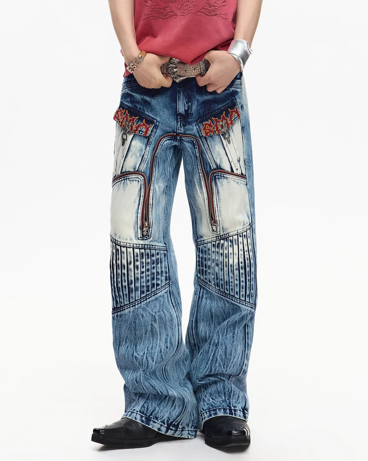EMO Contrast Zip Distressed Wash Jeans
