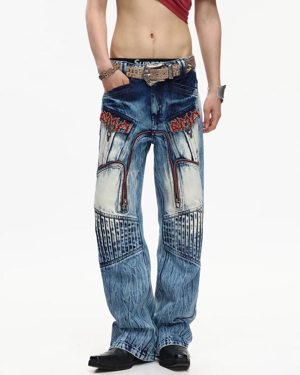 EMO Contrast Zip Distressed Wash Jeans