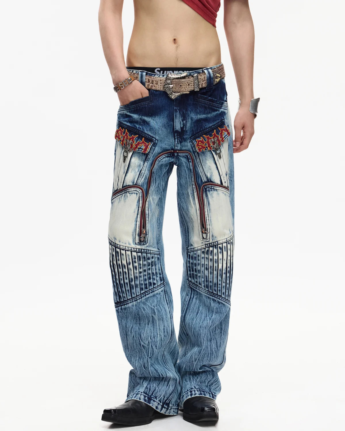 EMO Contrast Zip Distressed Wash Jeans