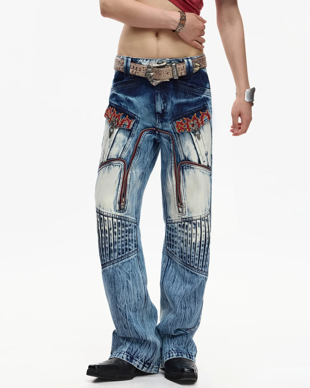 EMO Contrast Zip Distressed Wash Jeans