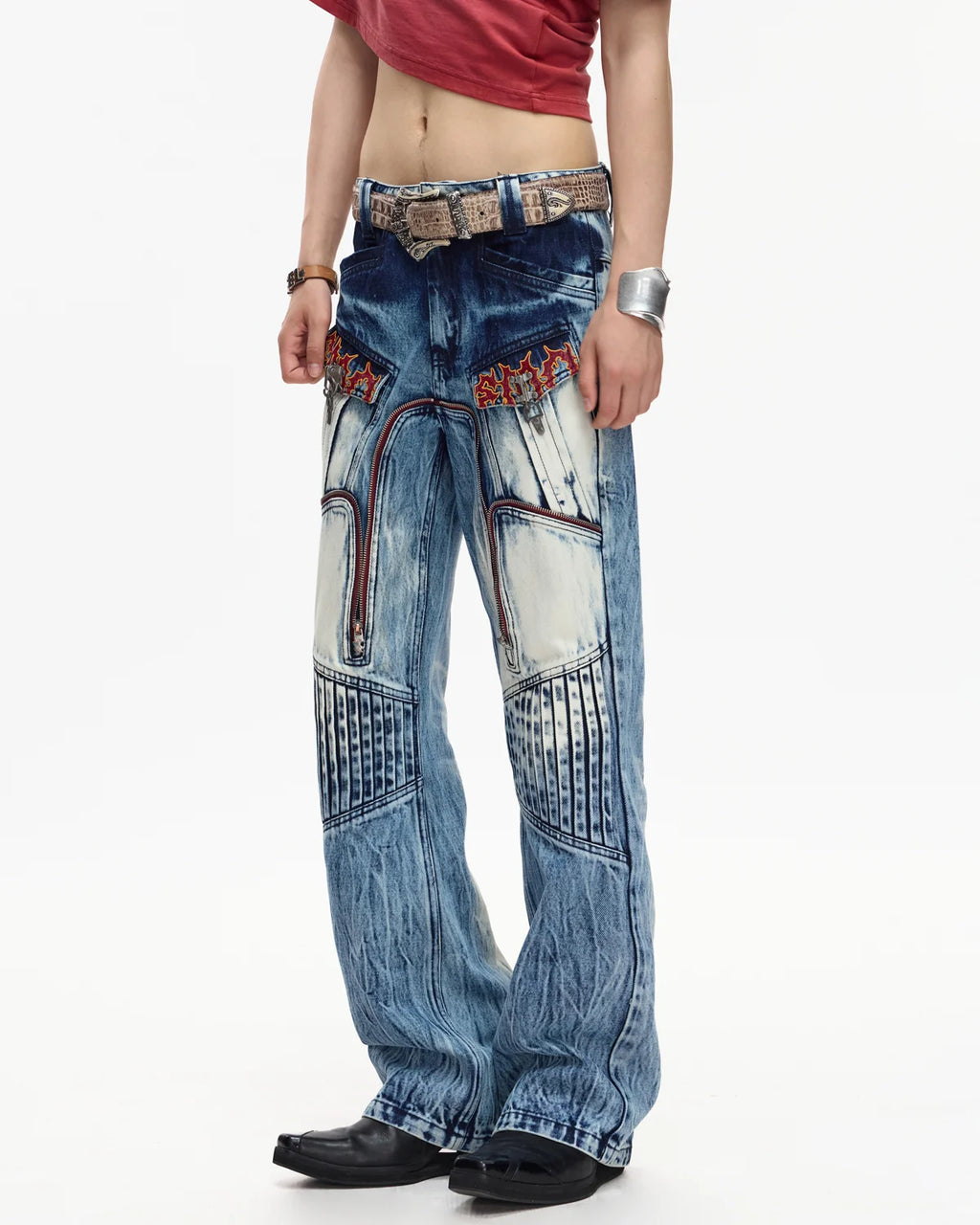 EMO Contrast Zip Distressed Wash Jeans