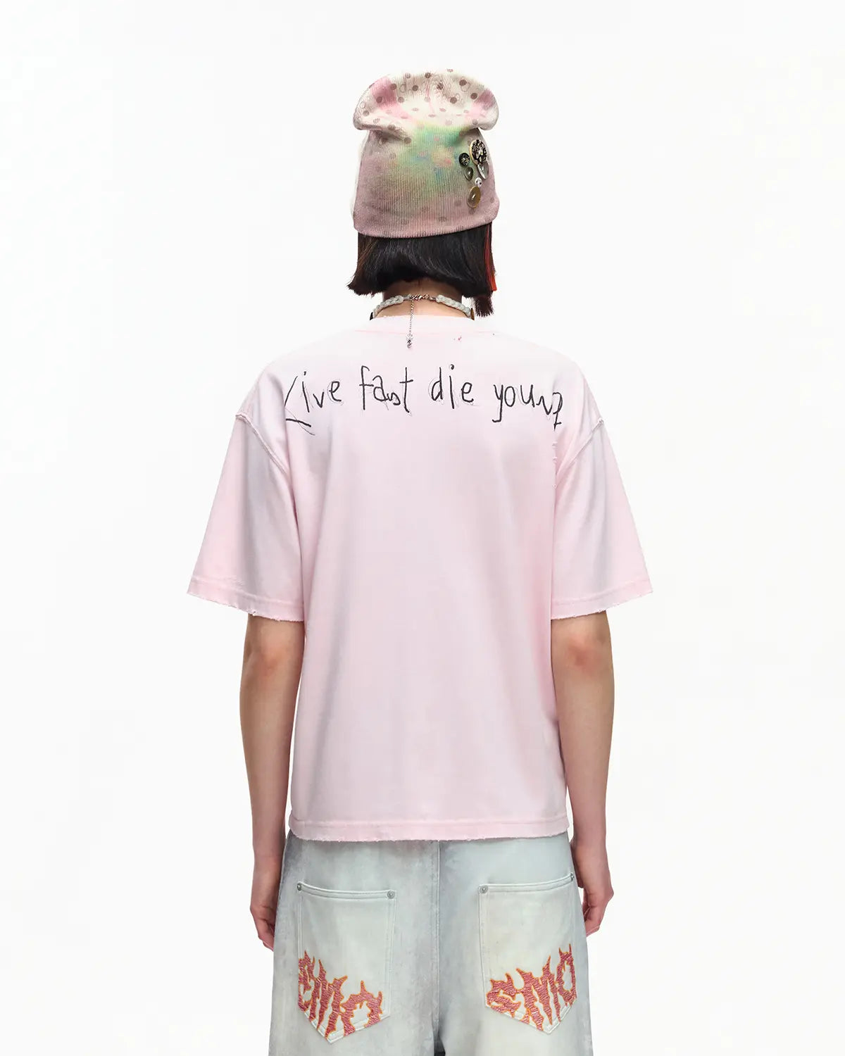 EMO Distressed Camo Washed Cropped Tee Pink