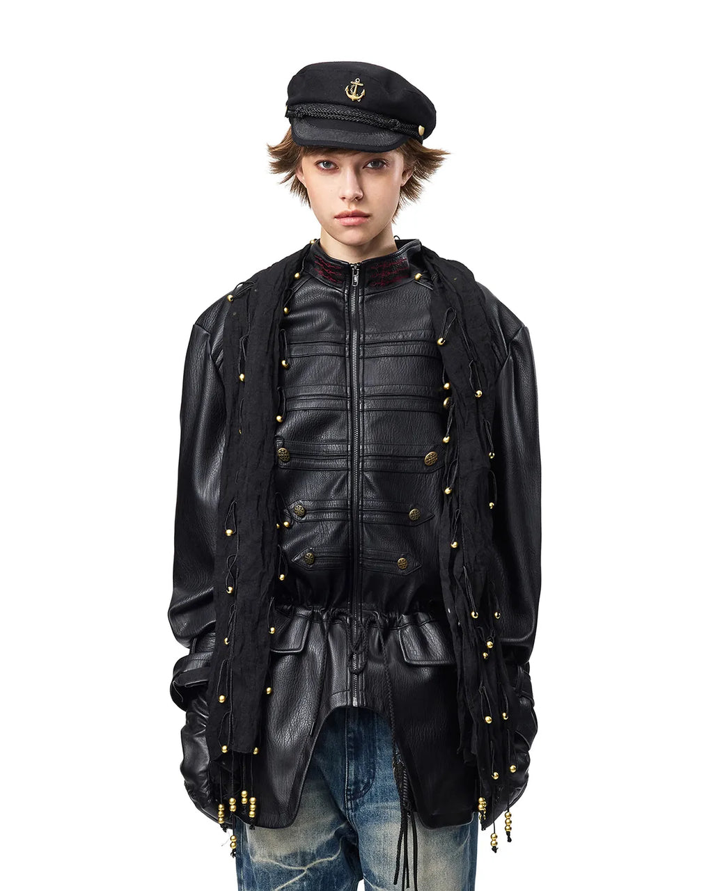 EMO Stand-Collar Napoleon Faux-Leather Jacket