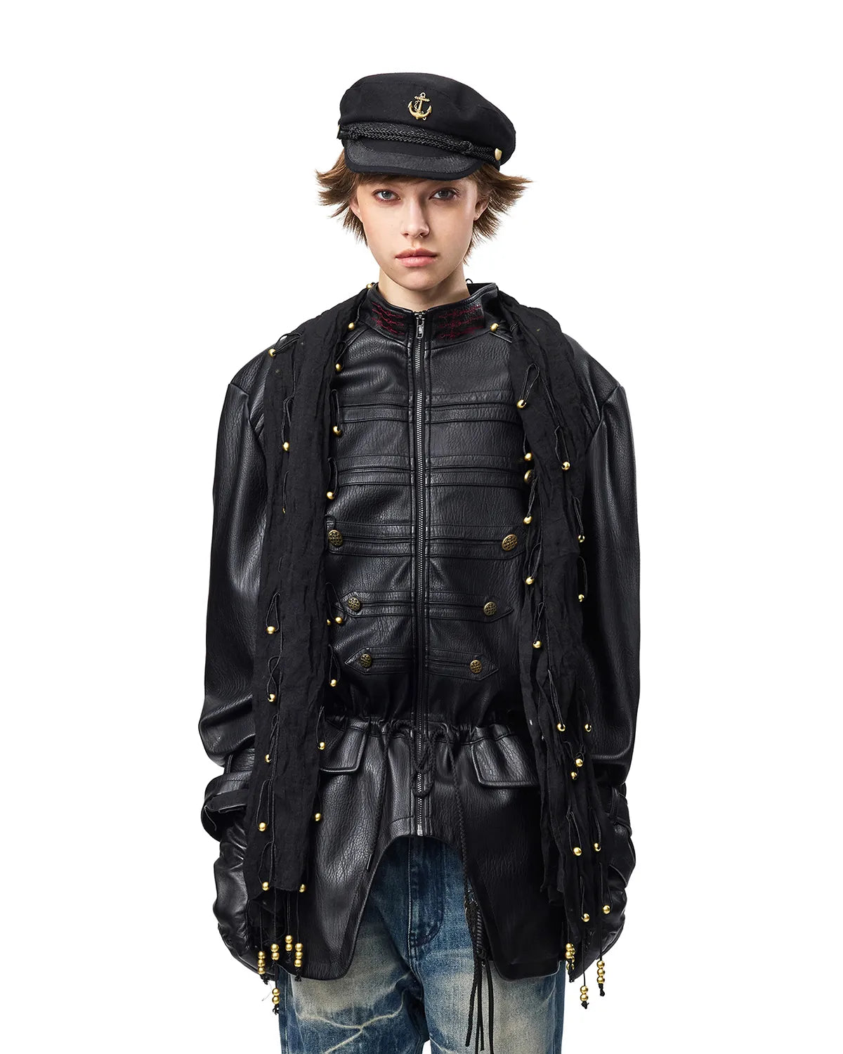 EMO Stand-Collar Napoleon Faux-Leather Jacket