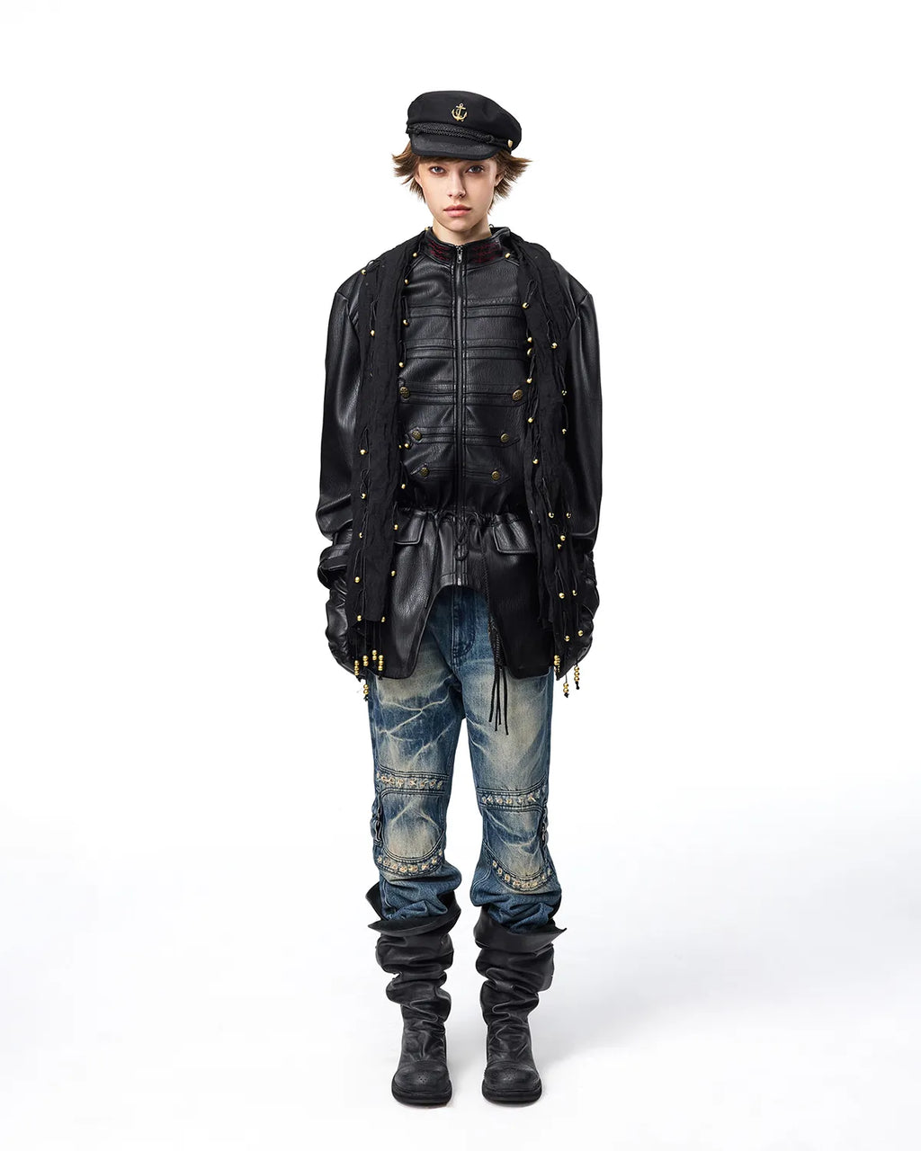 EMO Stand-Collar Napoleon Faux-Leather Jacket