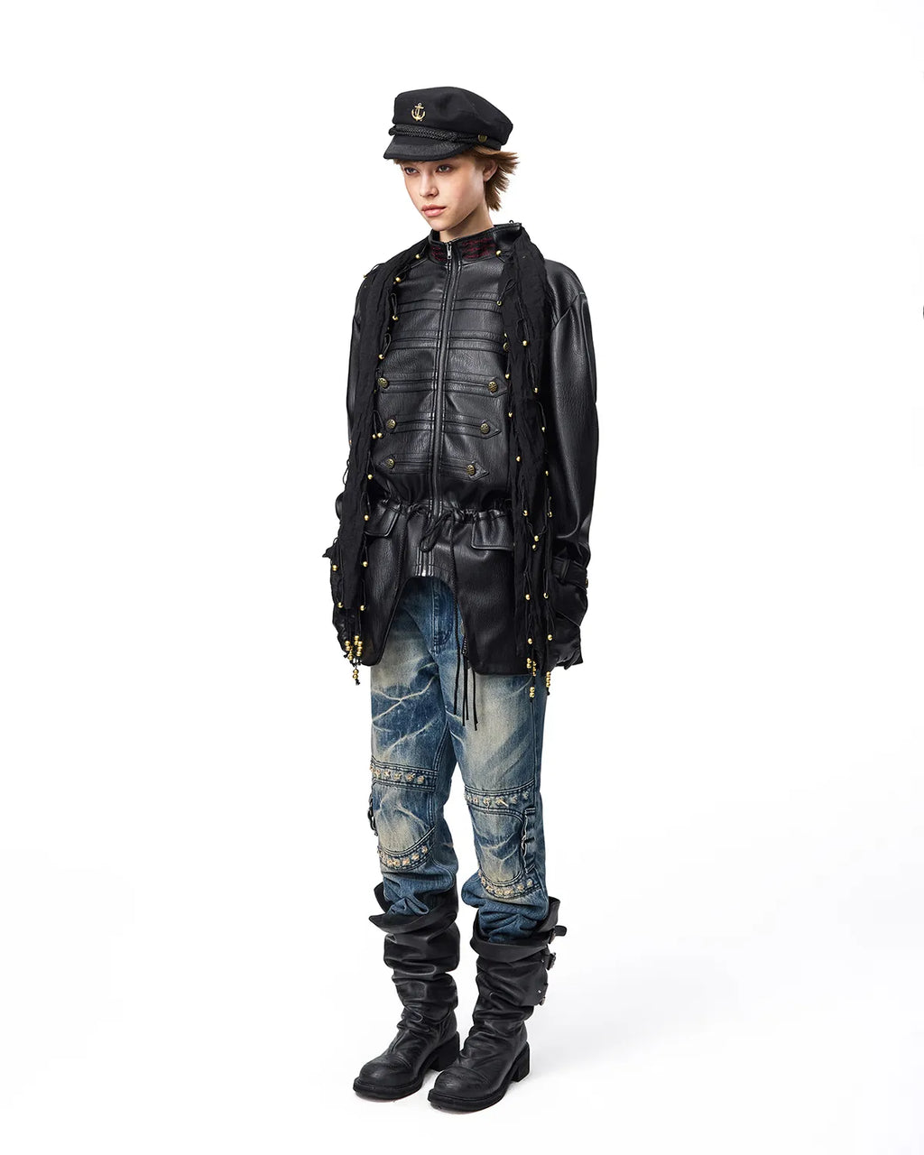 EMO Stand-Collar Napoleon Faux-Leather Jacket