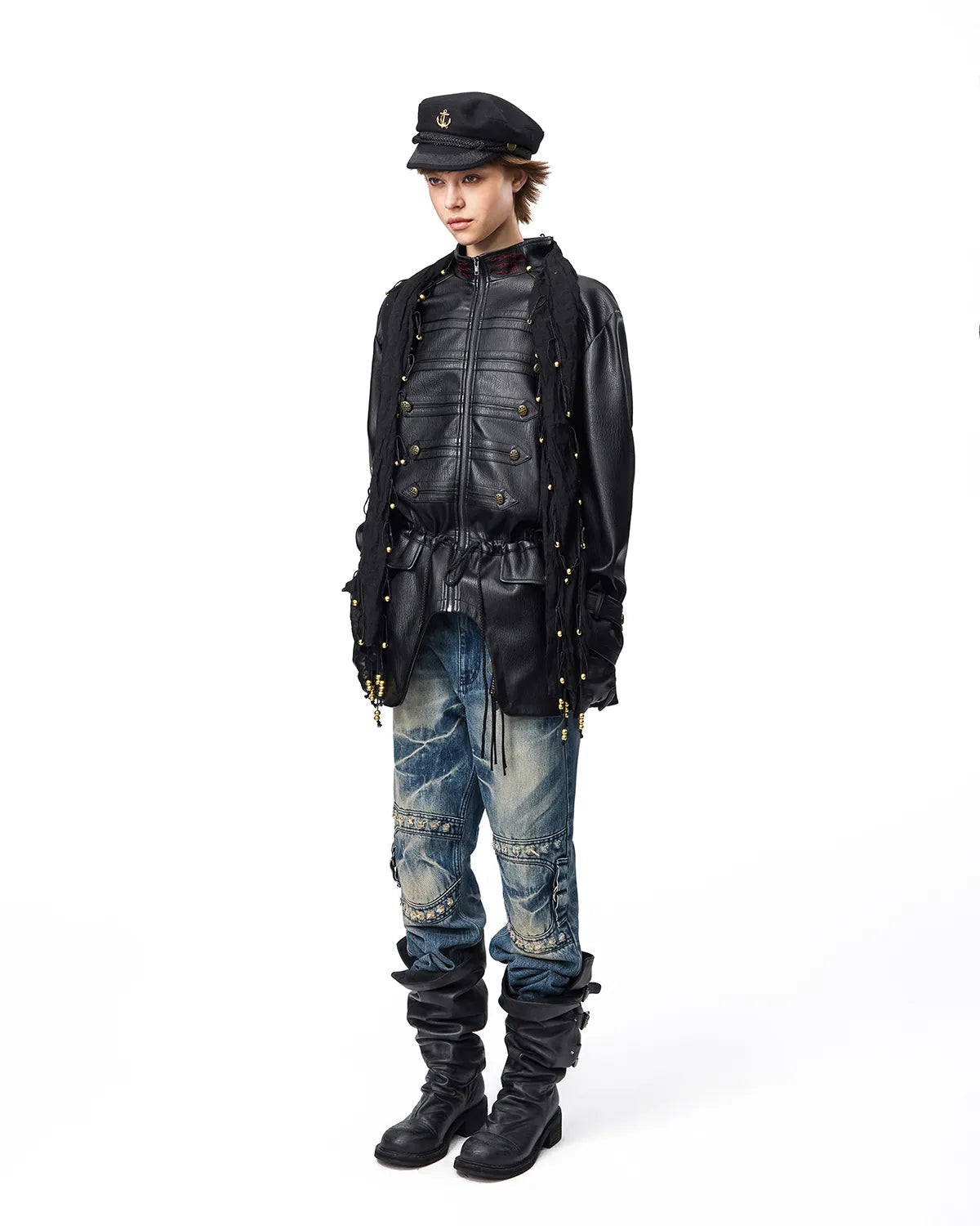 EMO Stand-Collar Napoleon Faux-Leather Jacket