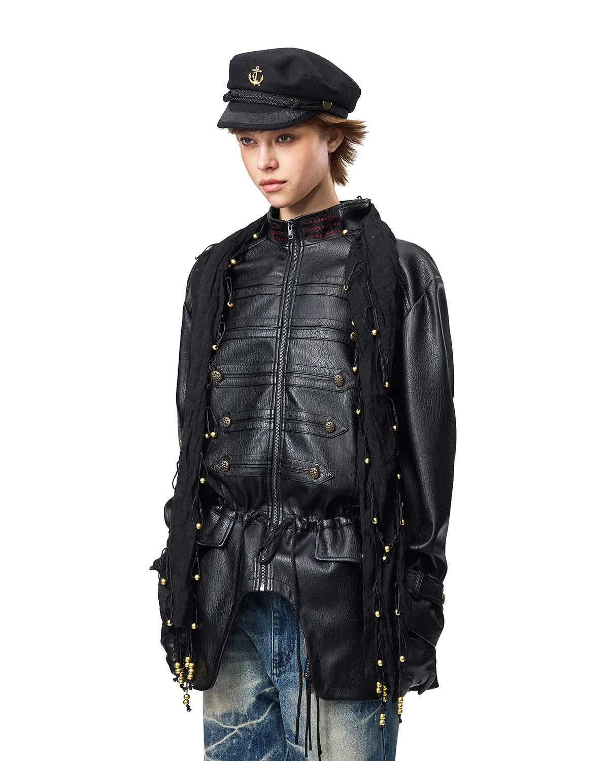 EMO Stand-Collar Napoleon Faux-Leather Jacket