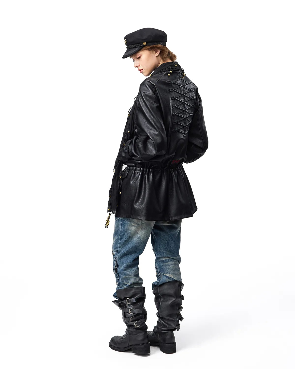 EMO Stand-Collar Napoleon Faux-Leather Jacket