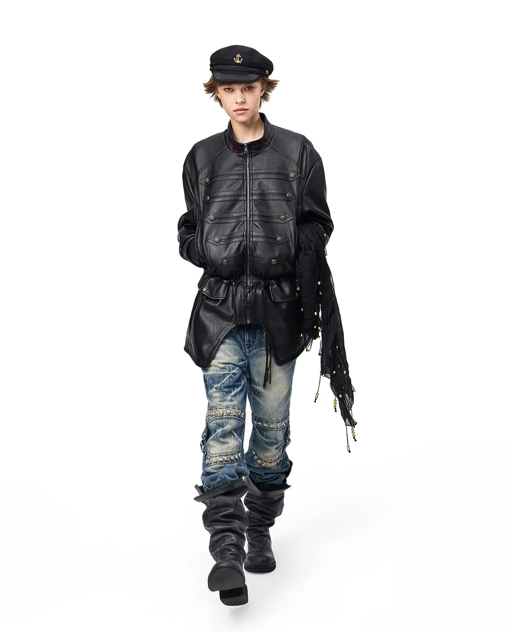 EMO Stand-Collar Napoleon Faux-Leather Jacket