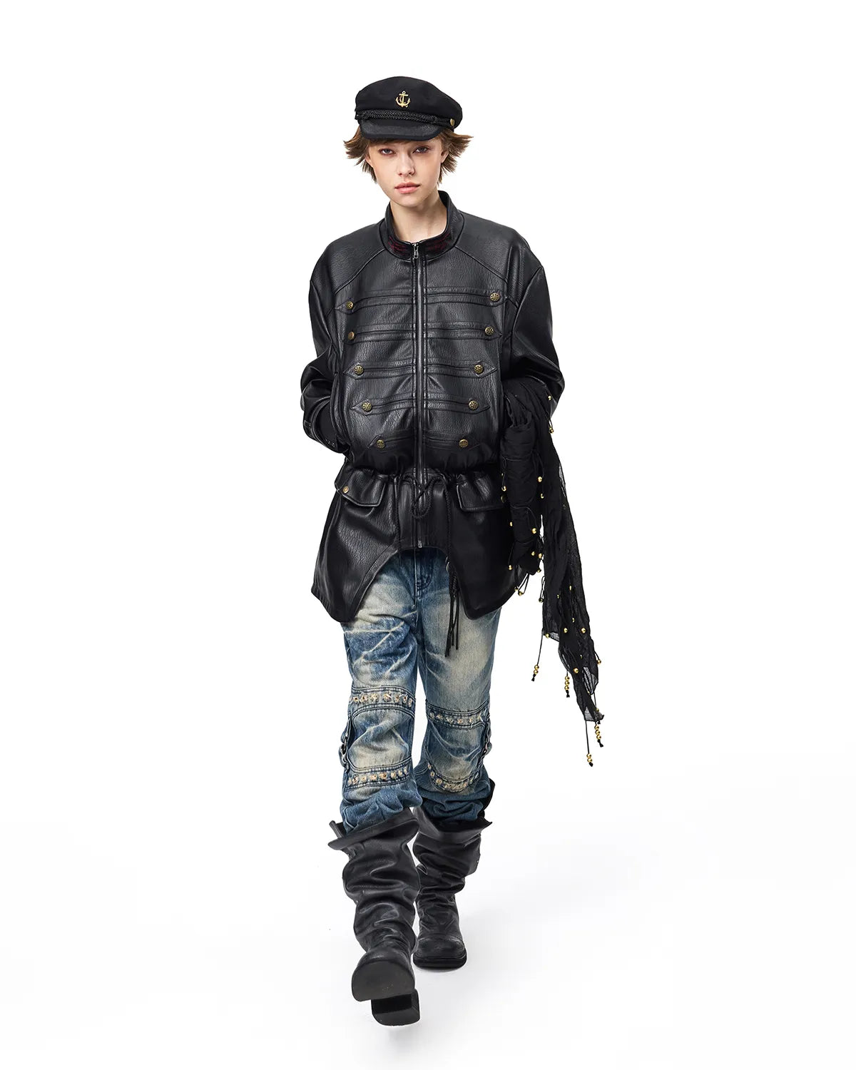EMO Stand-Collar Napoleon Faux-Leather Jacket