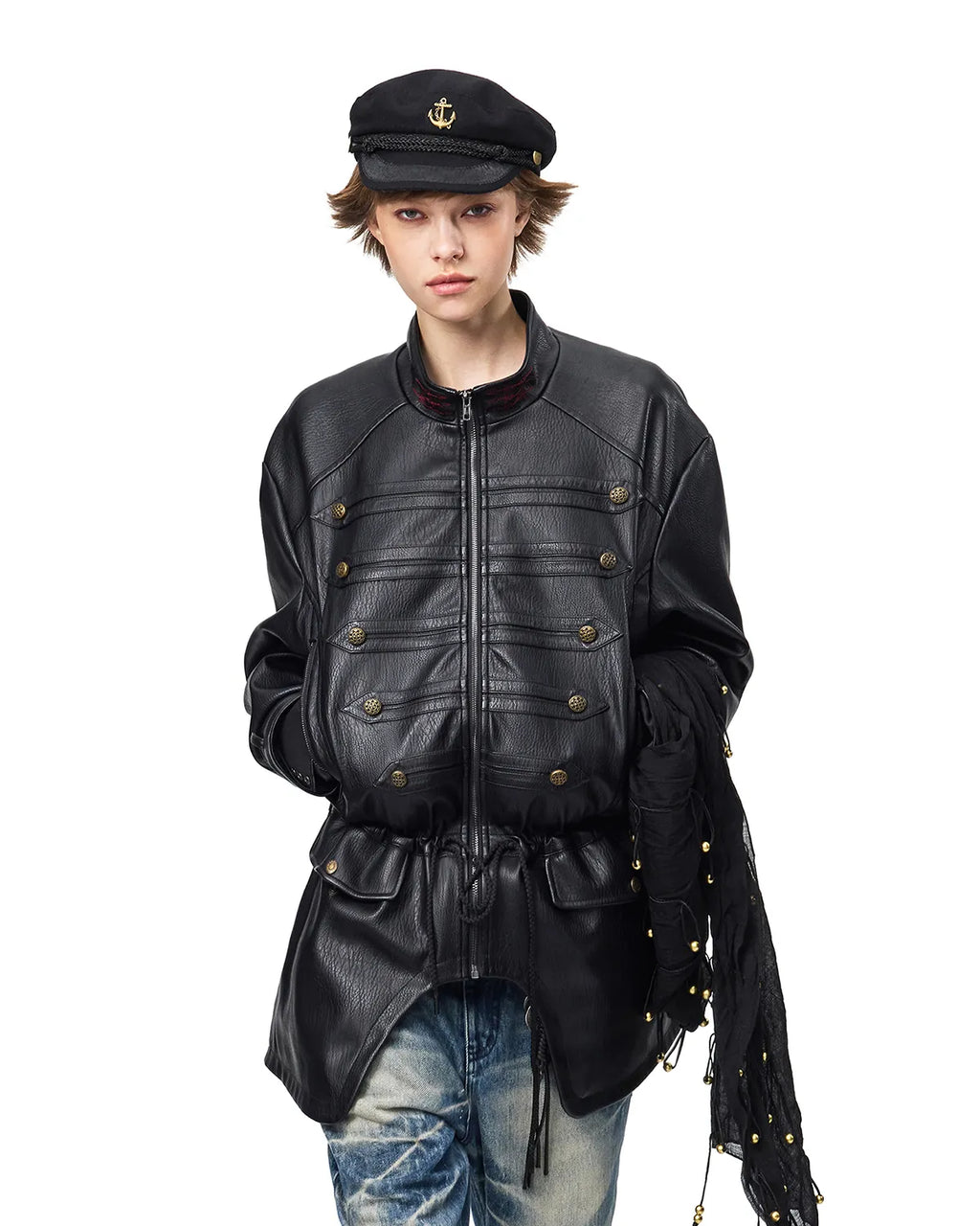 EMO Stand-Collar Napoleon Faux-Leather Jacket