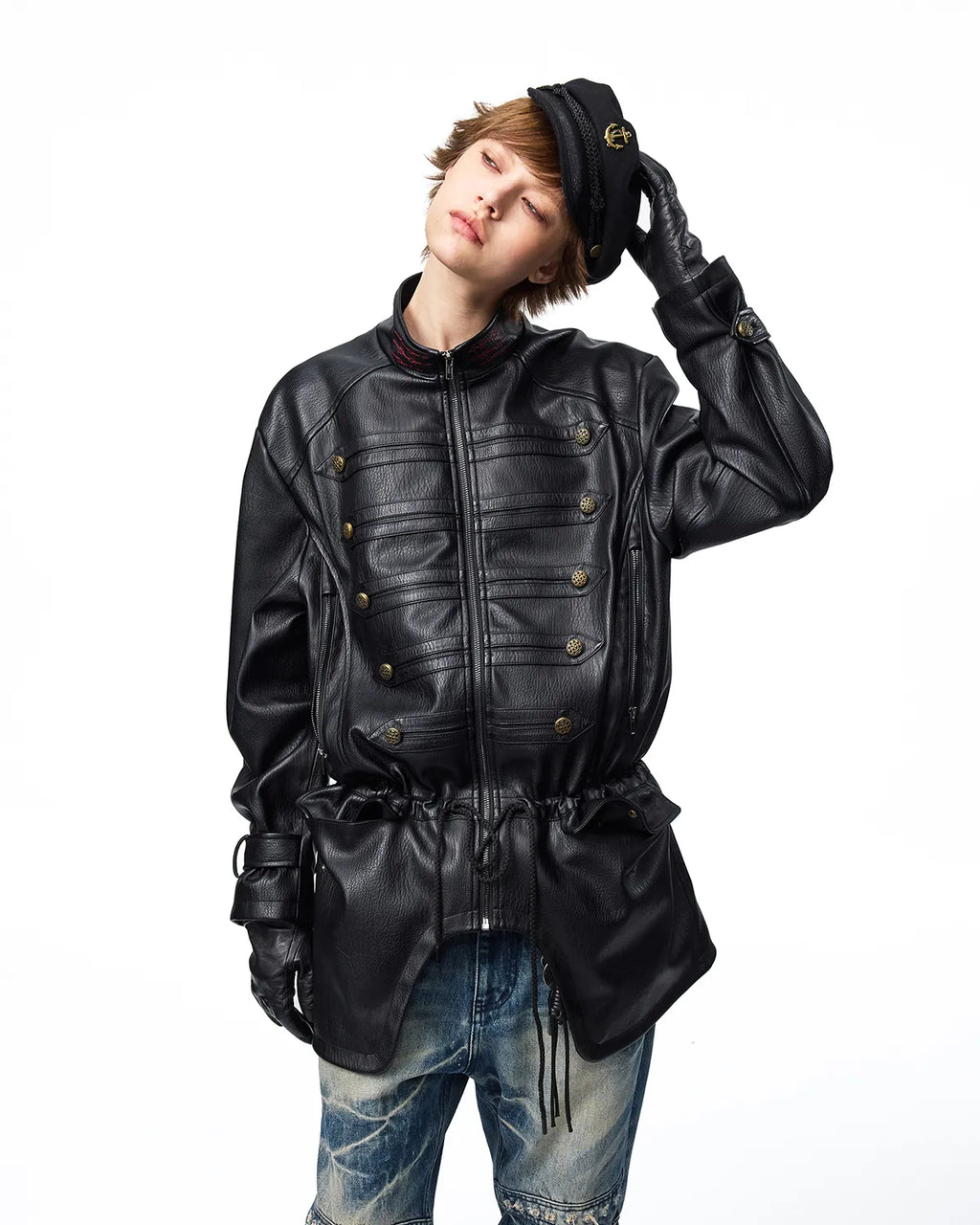 EMO Stand-Collar Napoleon Faux-Leather Jacket