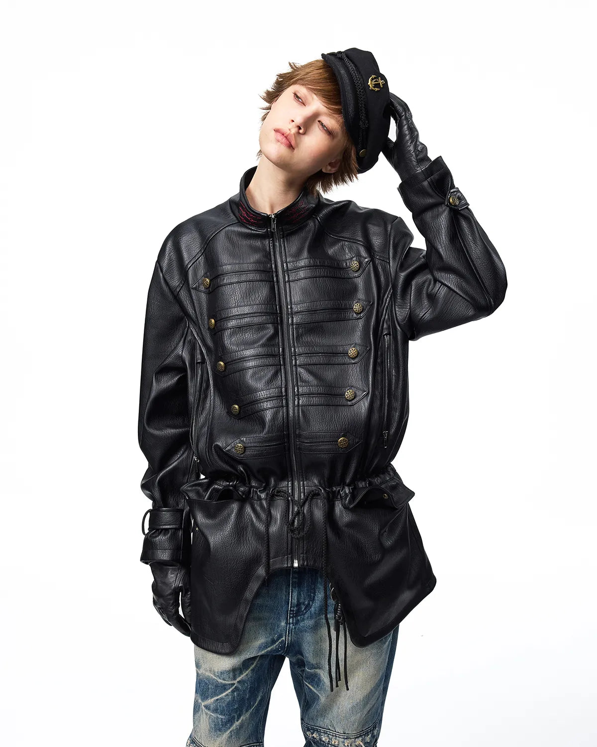 EMO Stand-Collar Napoleon Faux-Leather Jacket
