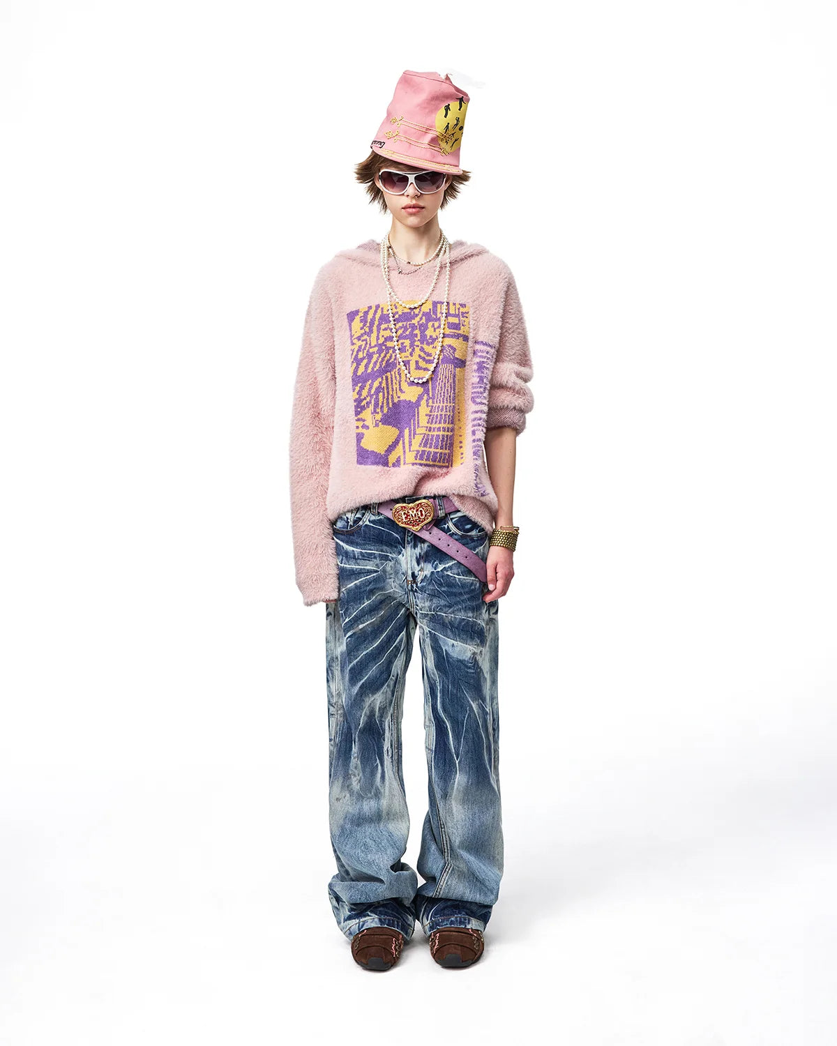 EMO Train Jacquard Faux-Mink Hoodie Fit On Model