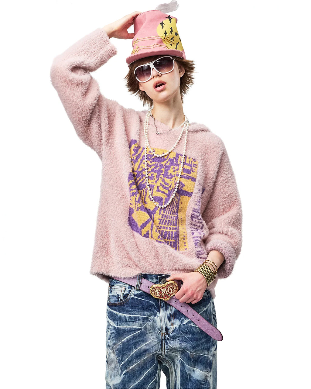 EMO Train Jacquard Faux-Mink Hoodie Fit On Model