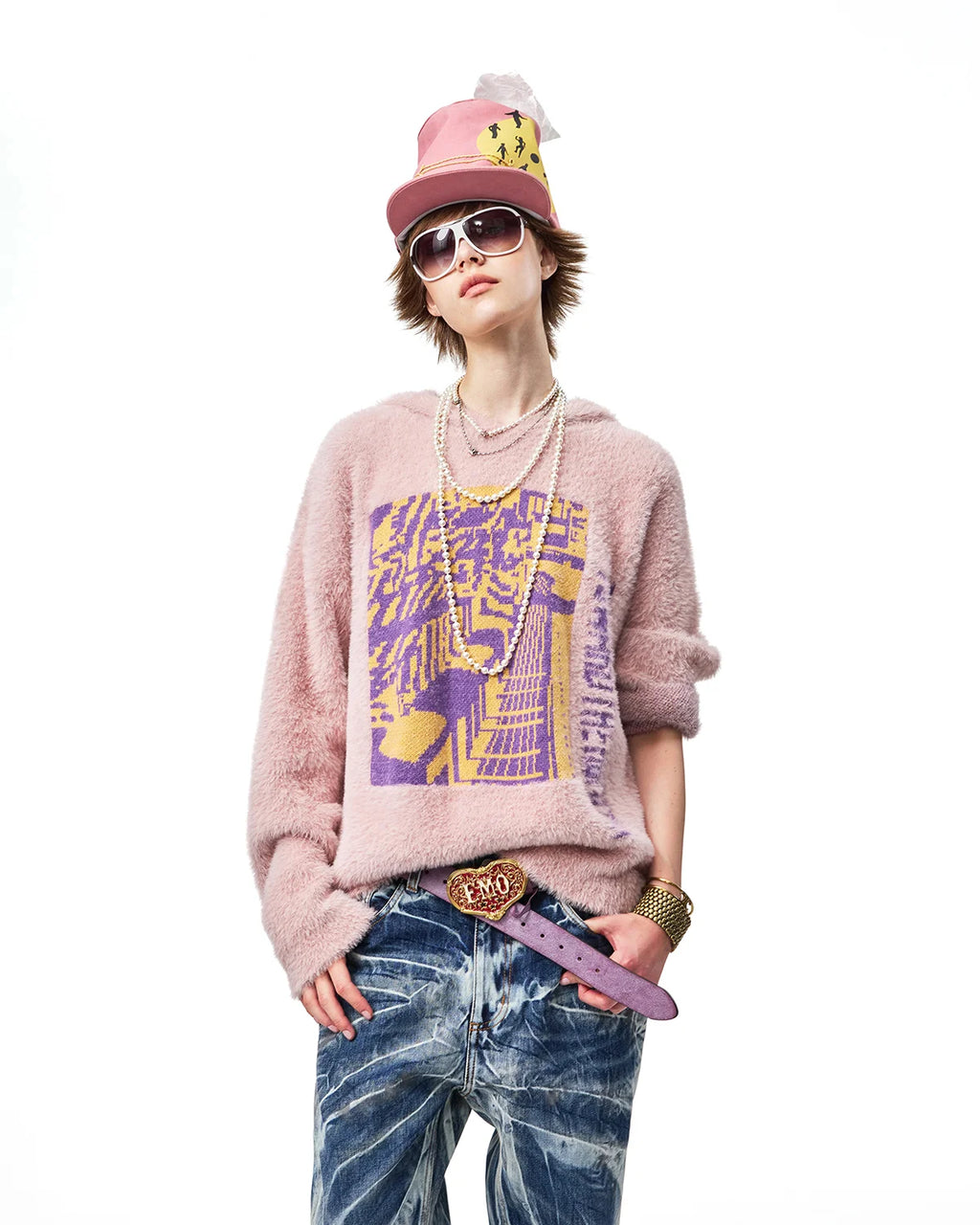 EMO Train Jacquard Faux-Mink Hoodie Fit On Model