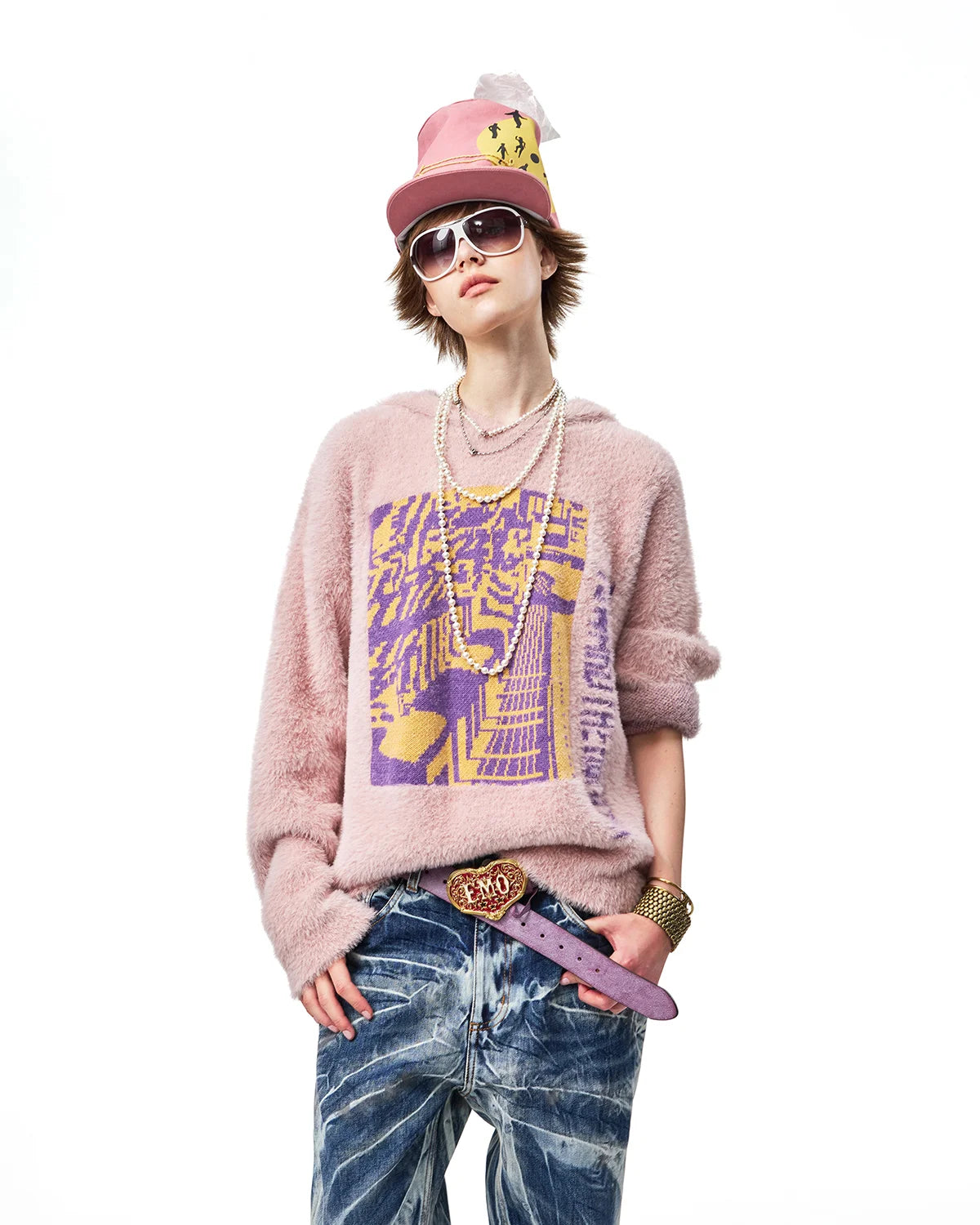 EMO Train Jacquard Faux-Mink Hoodie Fit On Model