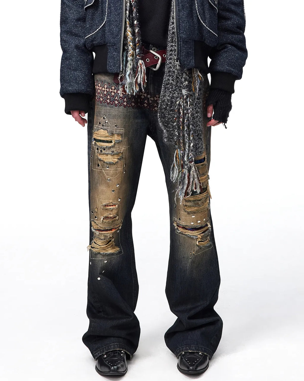 EMO Plaid Patch Distressed Jeans