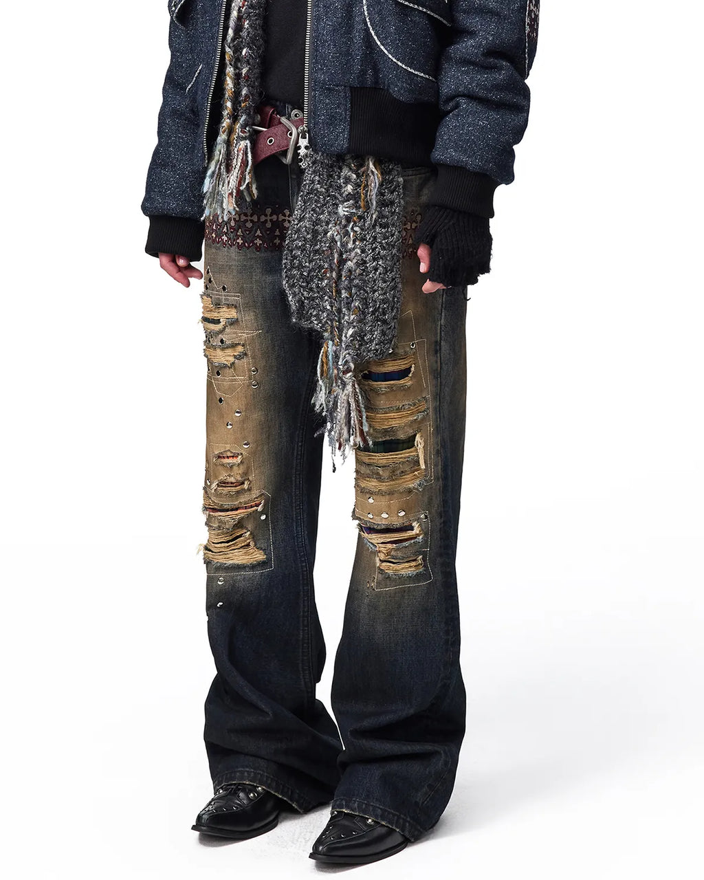 EMO Plaid Patch Distressed Jeans