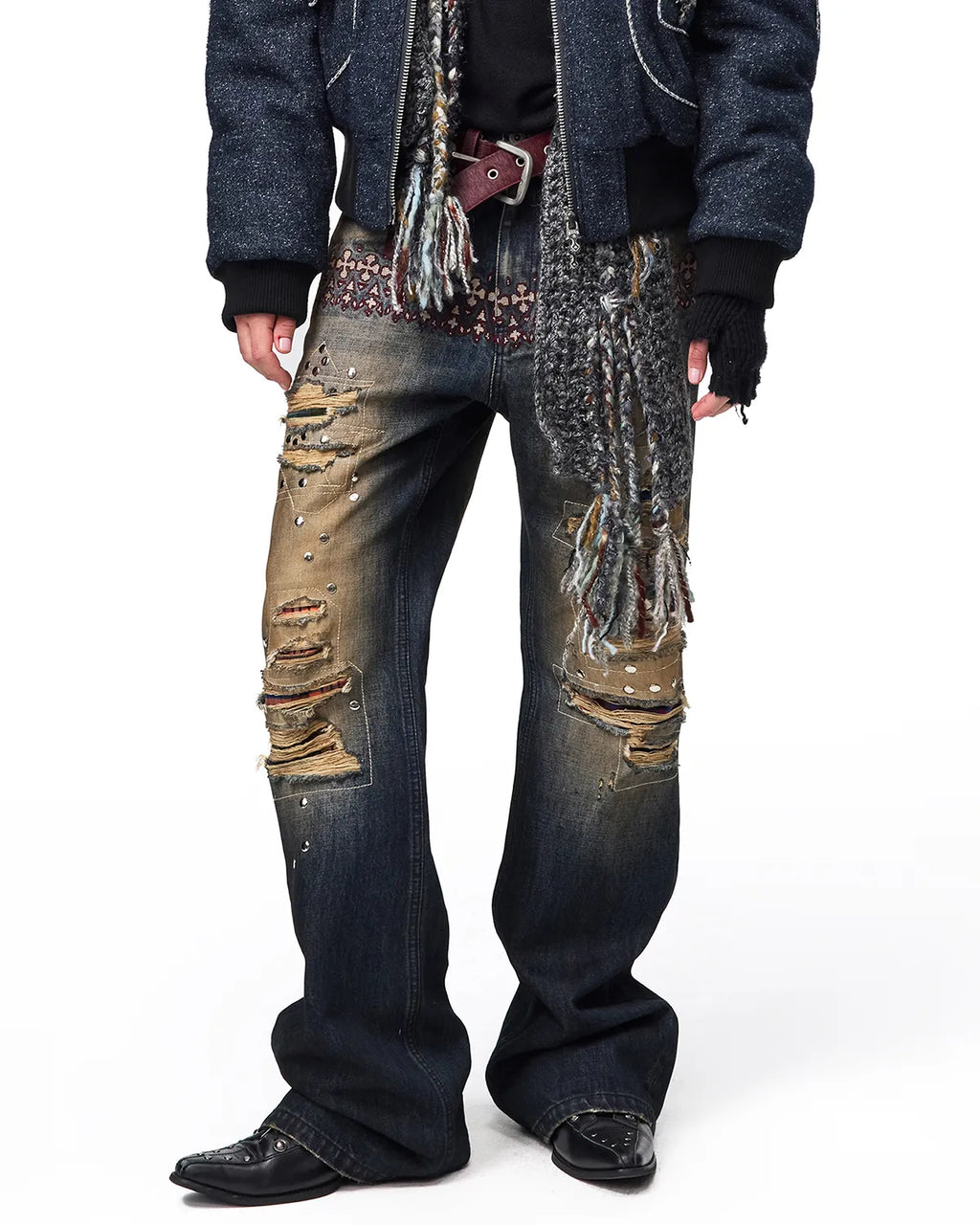 EMO Plaid Patch Distressed Jeans