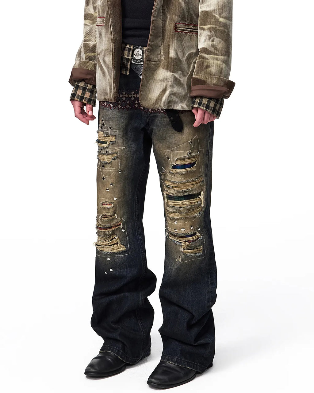 EMO Plaid Patch Distressed Jeans