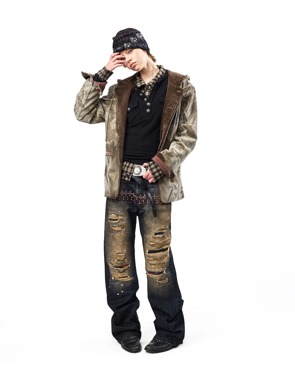 EMO Plaid Patch Distressed Jeans