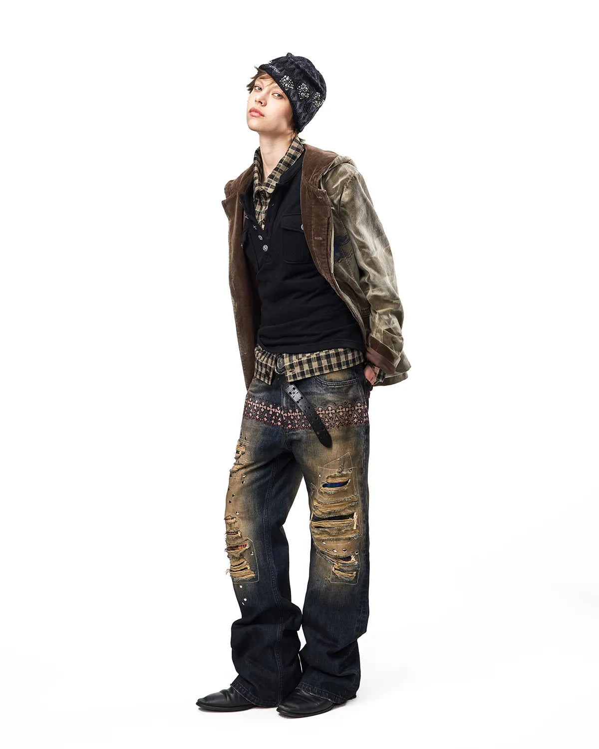 EMO Plaid Patch Distressed Jeans