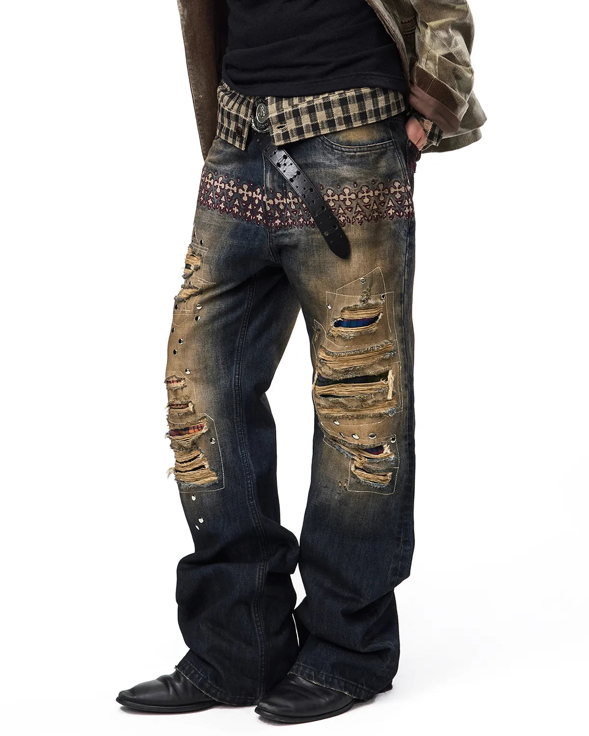 EMO Plaid Patch Distressed Jeans