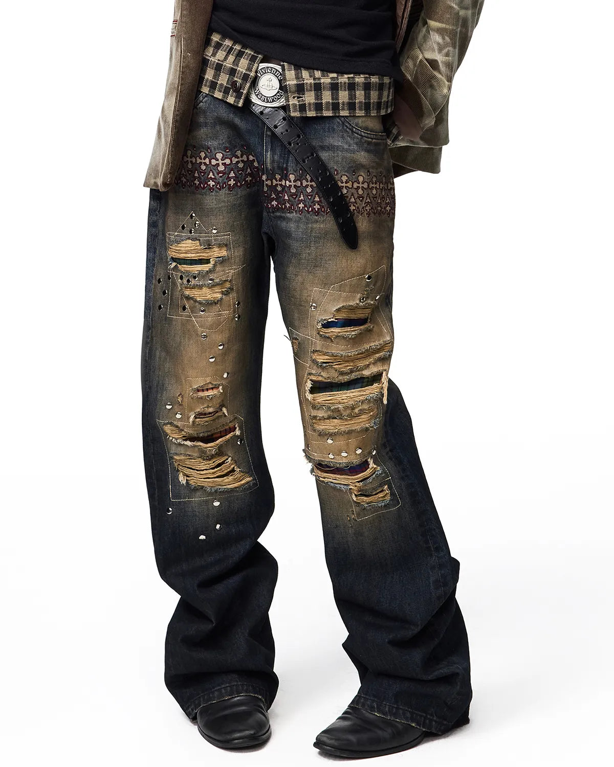 EMO Plaid Patch Distressed Jeans