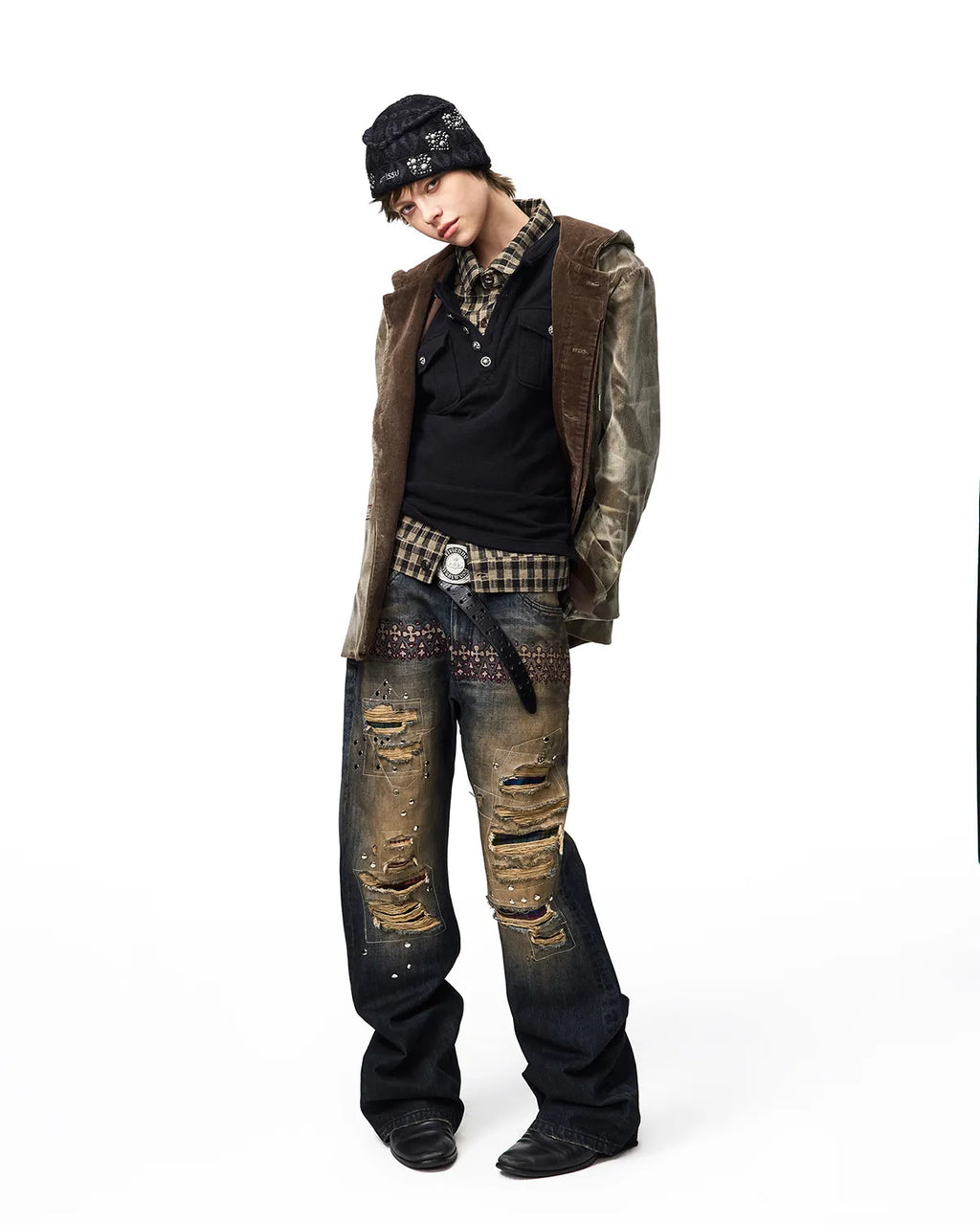 EMO Plaid Patch Distressed Jeans