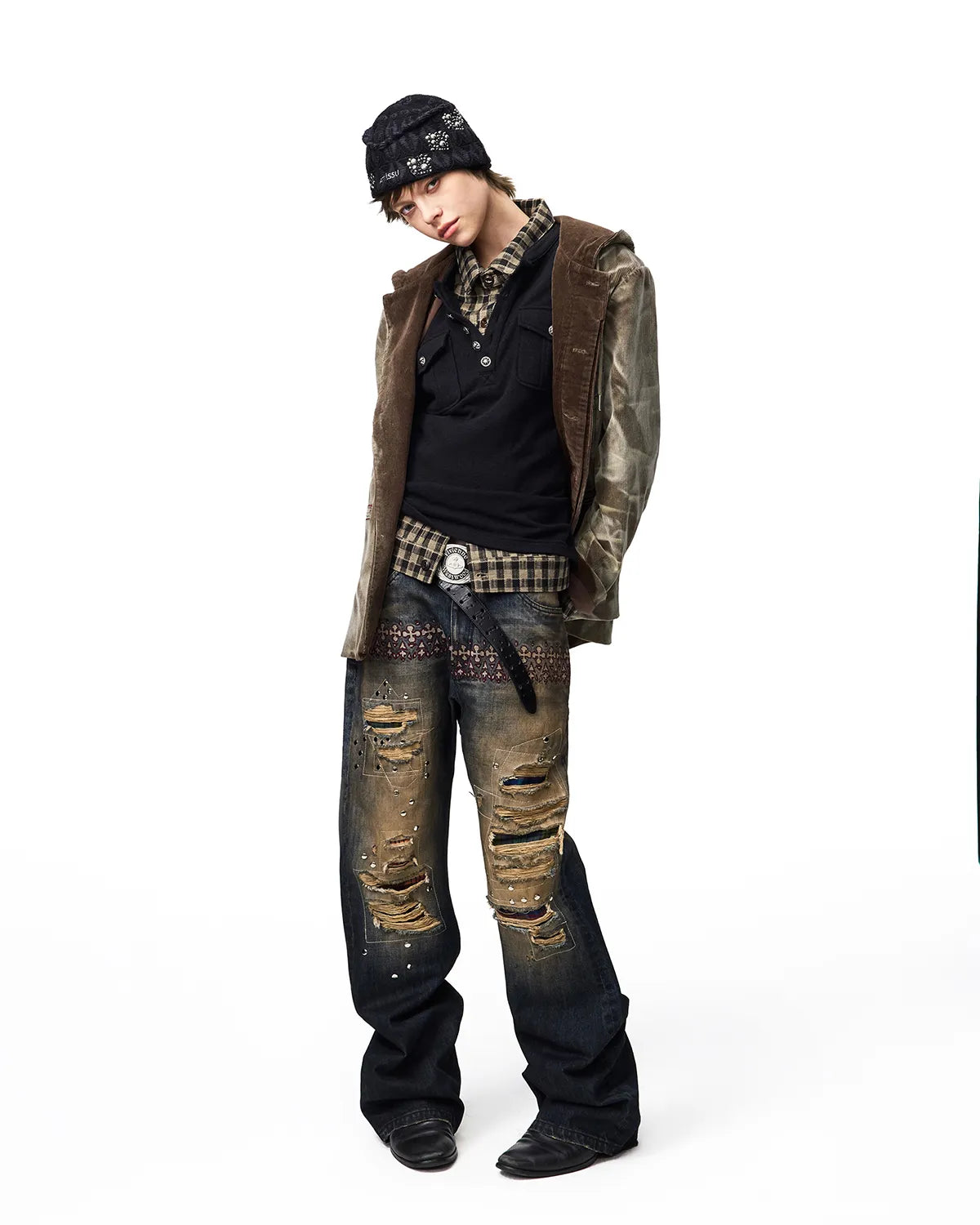 EMO Plaid Patch Distressed Jeans