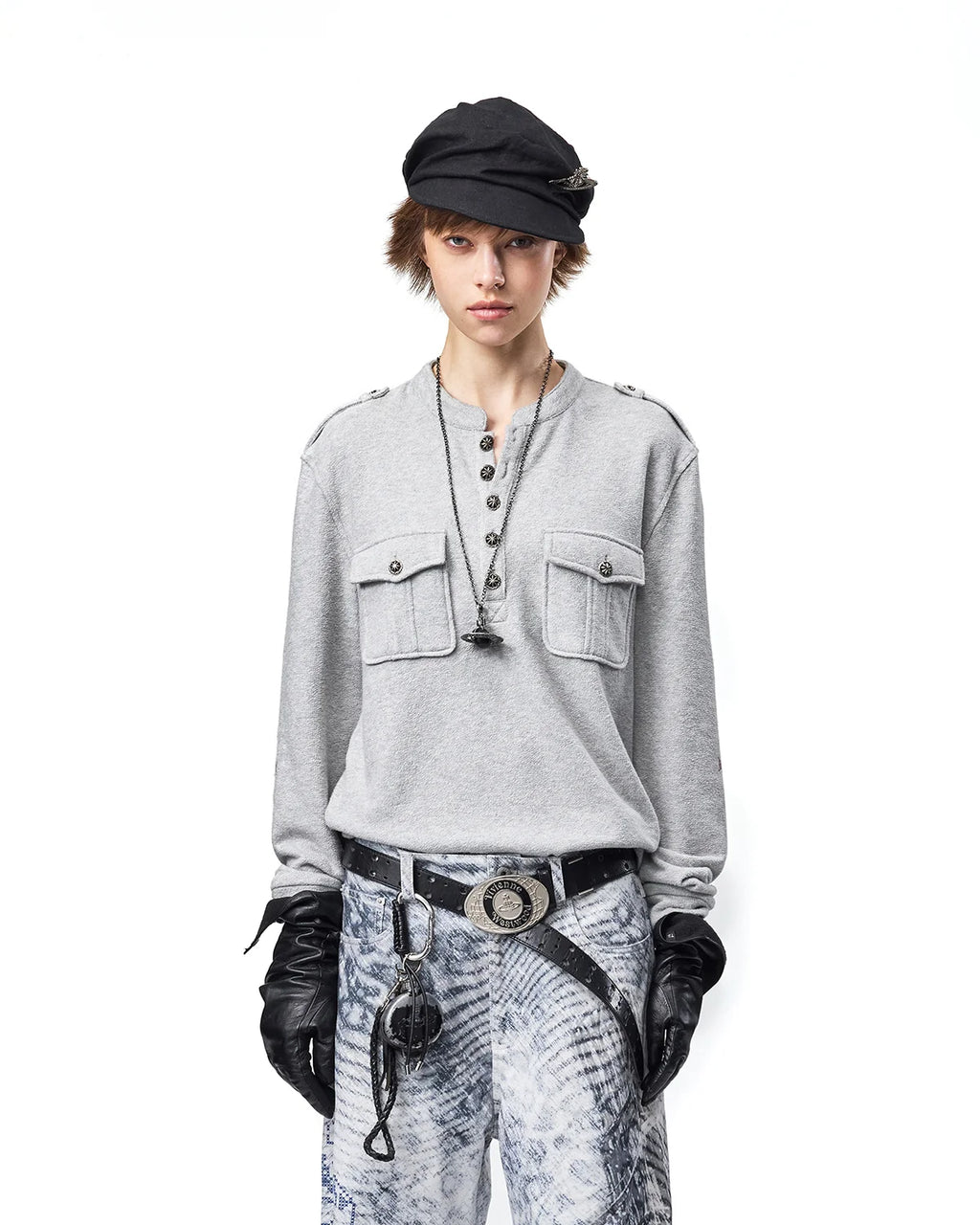 EMO Ruins Graphic Military T-Shirt Gray Front View