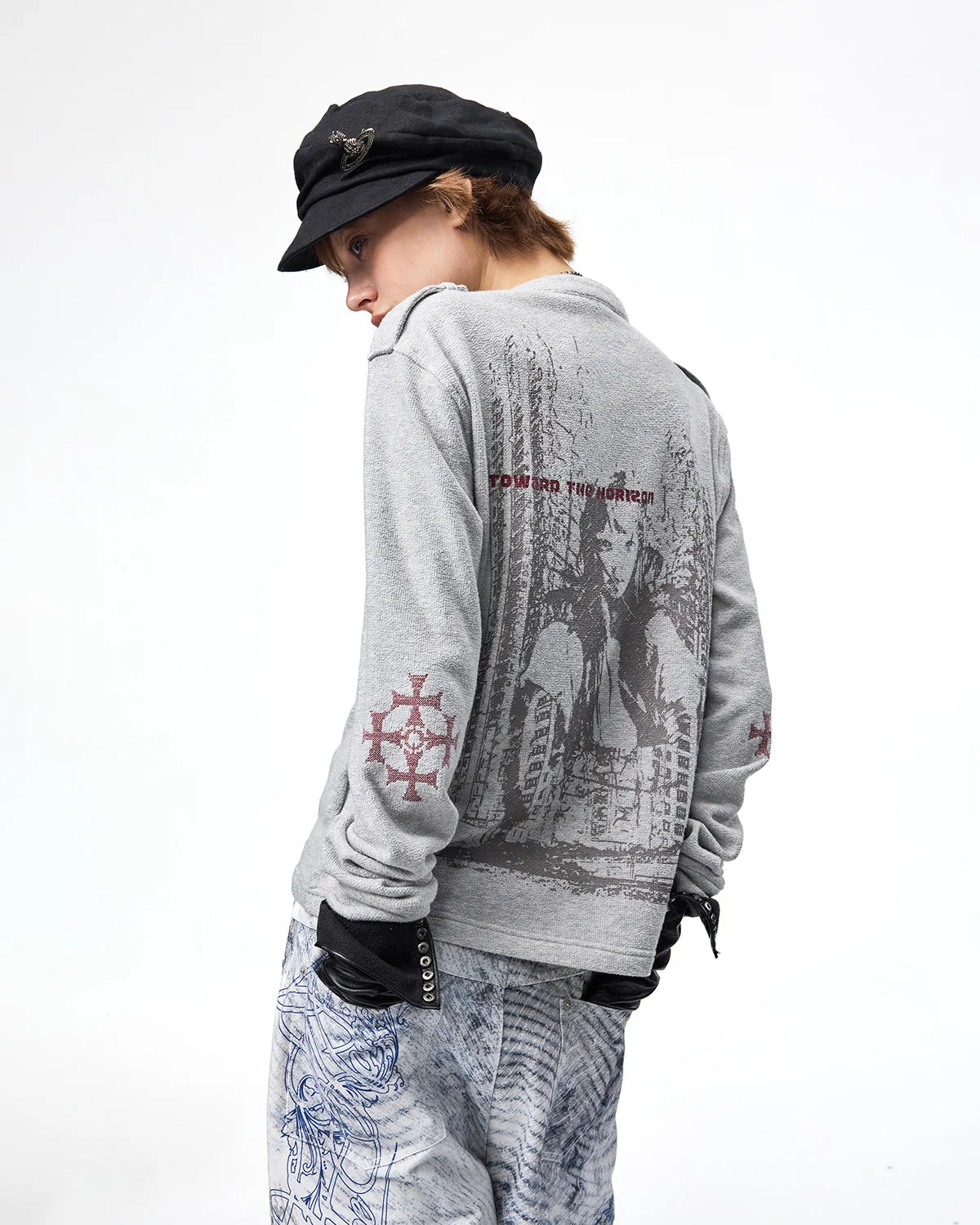 EMO Ruins Graphic Military T-Shirt Gray